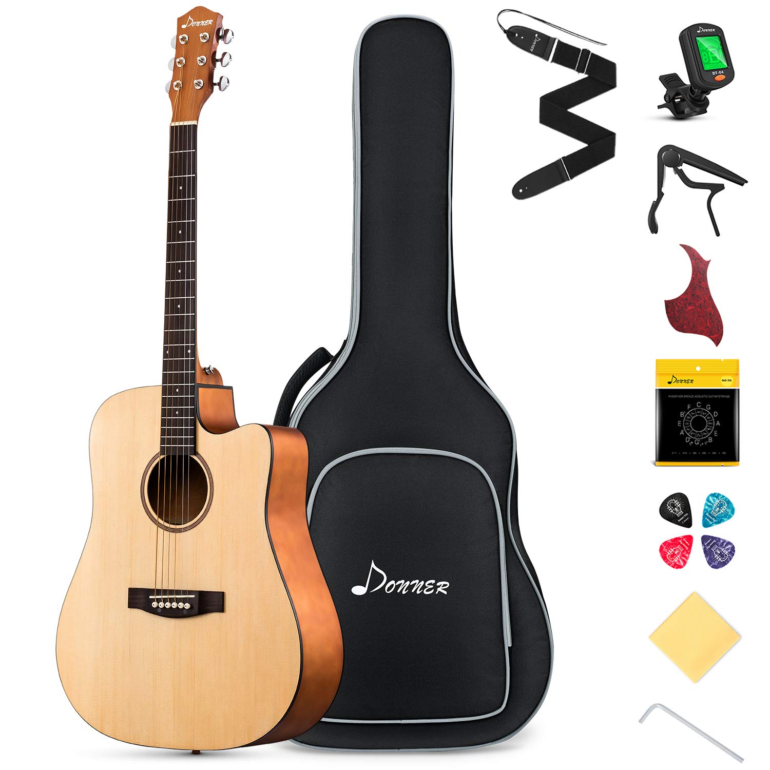 Donner Acoustic Guitar Full Size 4/4 Beginner Set Acoustic Guitar 41 Inch Cutaway Guitar Starter Dreadnought Kit with Gig Bag Capo Picks Strap String (Natural)