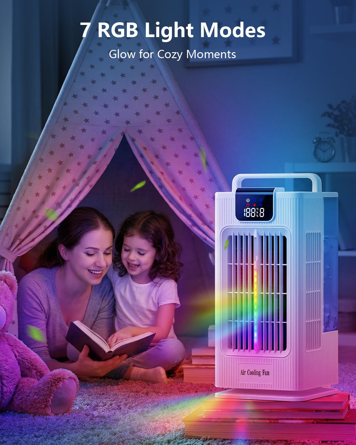 Condizionatore d'aria portatile, condizionatore d'aria personale da 2000 ml, mini condizionatore d'aria, ventola di raffreddamento evaporativo con oscillazione di 120°, 7 modalità di luce RGB, 4