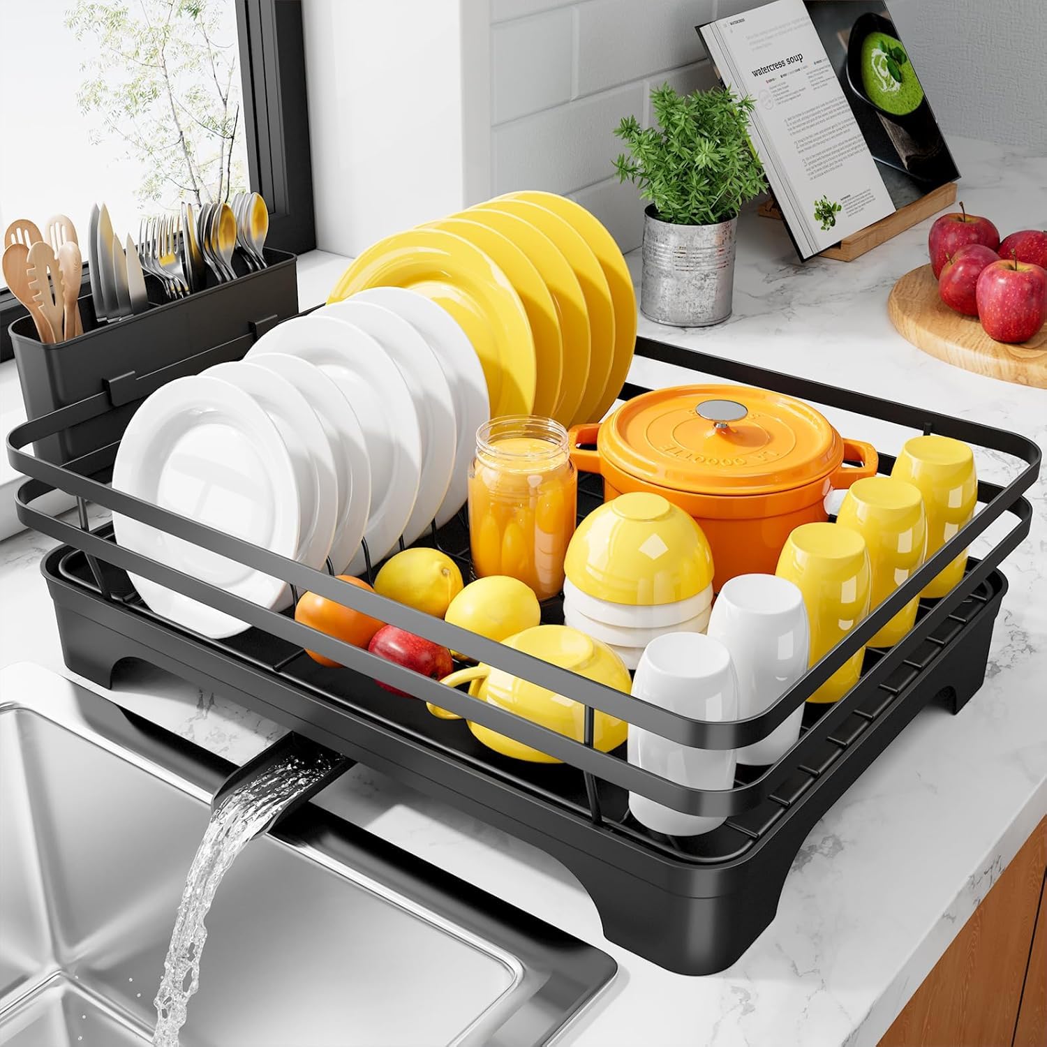 Utensils Drying Rack/Dish Drying Rack with Drainer Tray/Anti Rust, Smart Drainage System Drainboard with Detachable Cutlery Holder/Kitchen Vessels Organizer & Water Utensils Basket (Black)-image-40