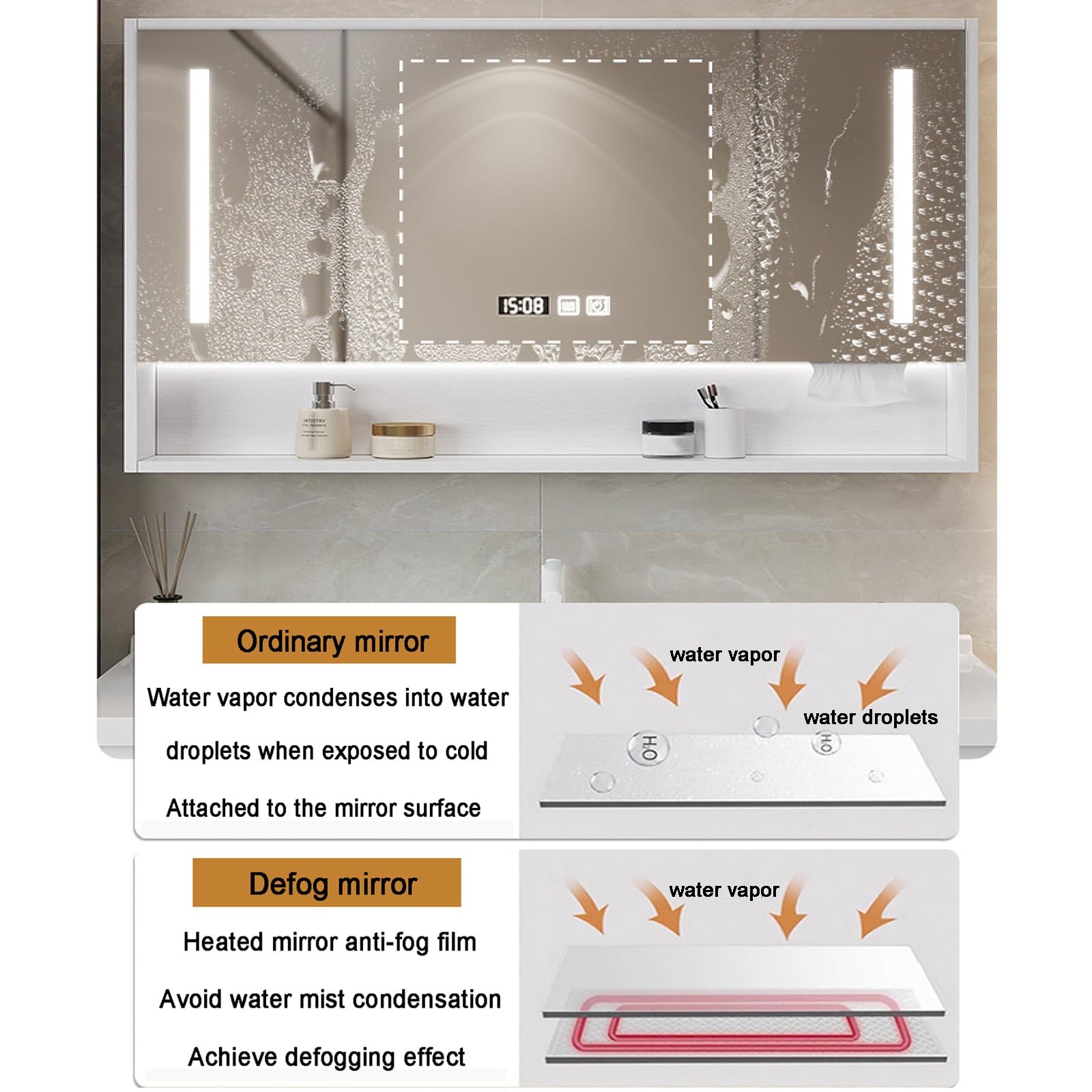 LED-Badezimmerspiegelschrank, Wandmontage, Aufbewahrungsspiegel, moderner Schminkspiegel mit Aufbewahrung, stilvoller Badezimmerspiegel mit LED-Beleuchtung, platzsparendes Badezimmer