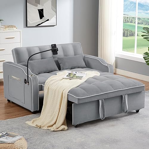 Sofá cama convertible moderno con puertos USB, sofá cama de dos plazas 3 en 1 con soporte para tazas, sofá extraíble con soporte giratorio para