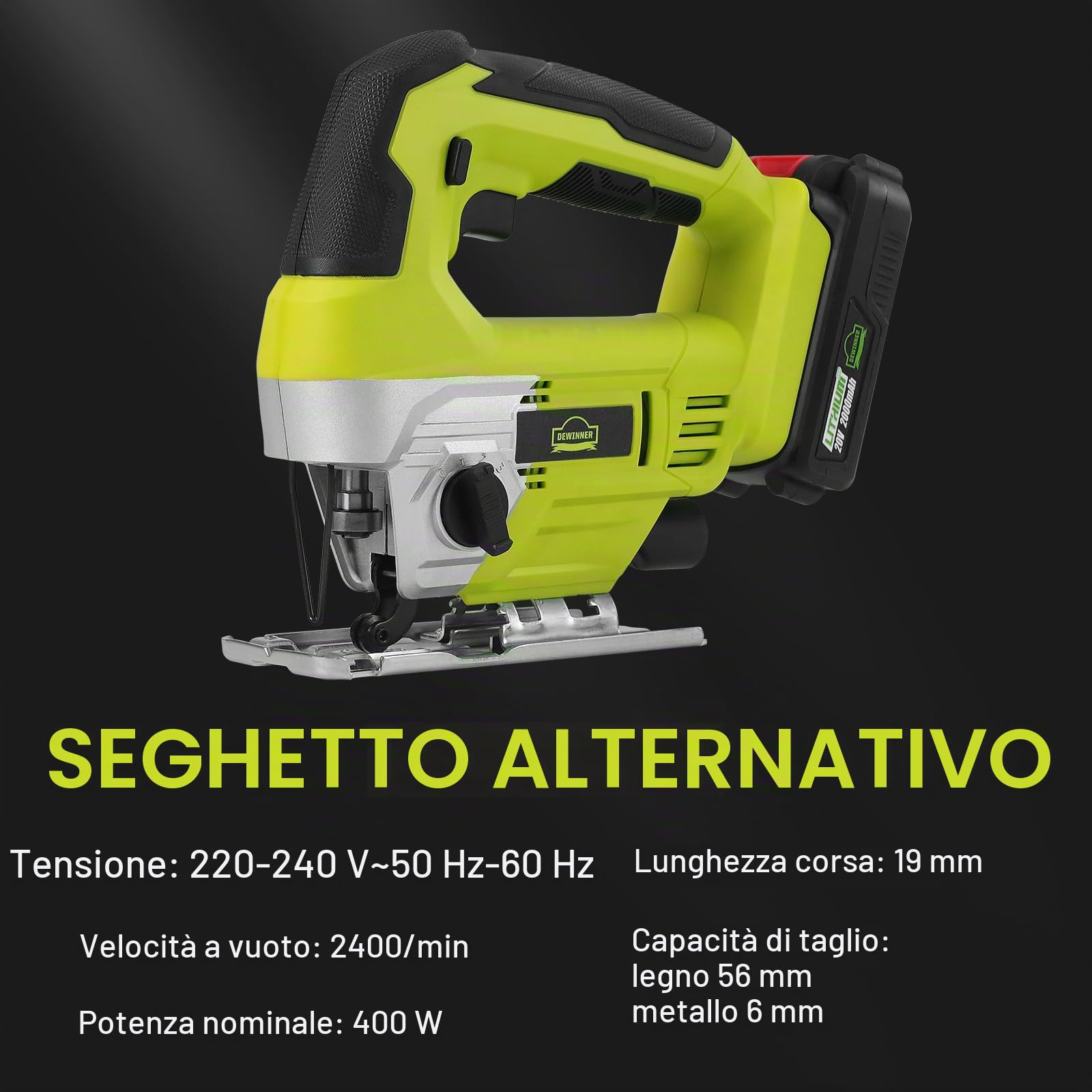 DEWINNER Seghetto alternativo a batteria 20V, Cambio Lama Senza Attrezzi(attacco di aspirazione, batteria 2x 2,0 Ah, Profondità di Taglio: 80 mm,caricabatteria e valigetta,Scatola)