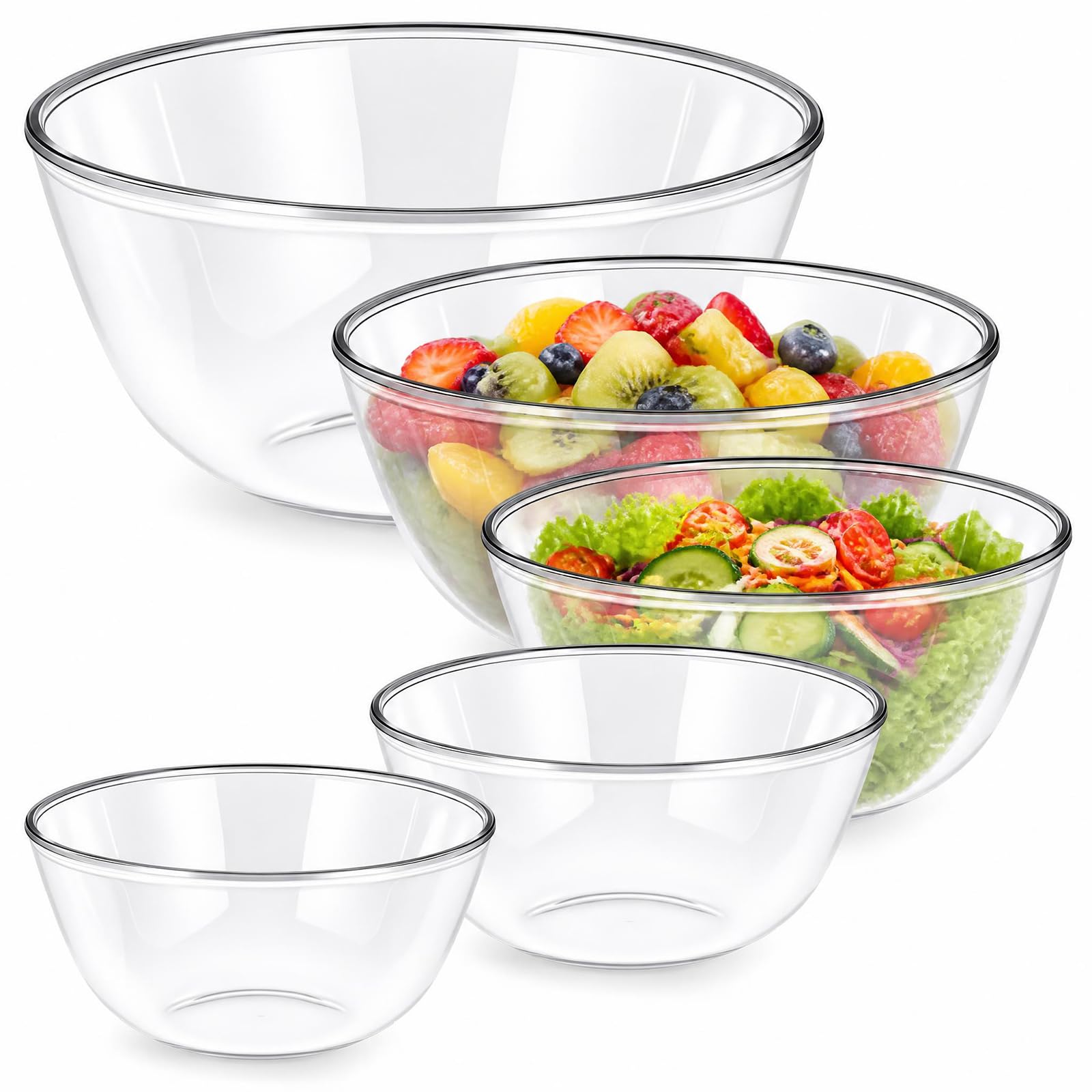 Lot de 5 bols mélangeurs en verre (4,5 l, 2,8 l, 1,6 l, 1 l, 0,8 l) - Saladiers ronds en verre - Sans BPA - Pour la conservation des aliments, la cuisine, la pâtisserie