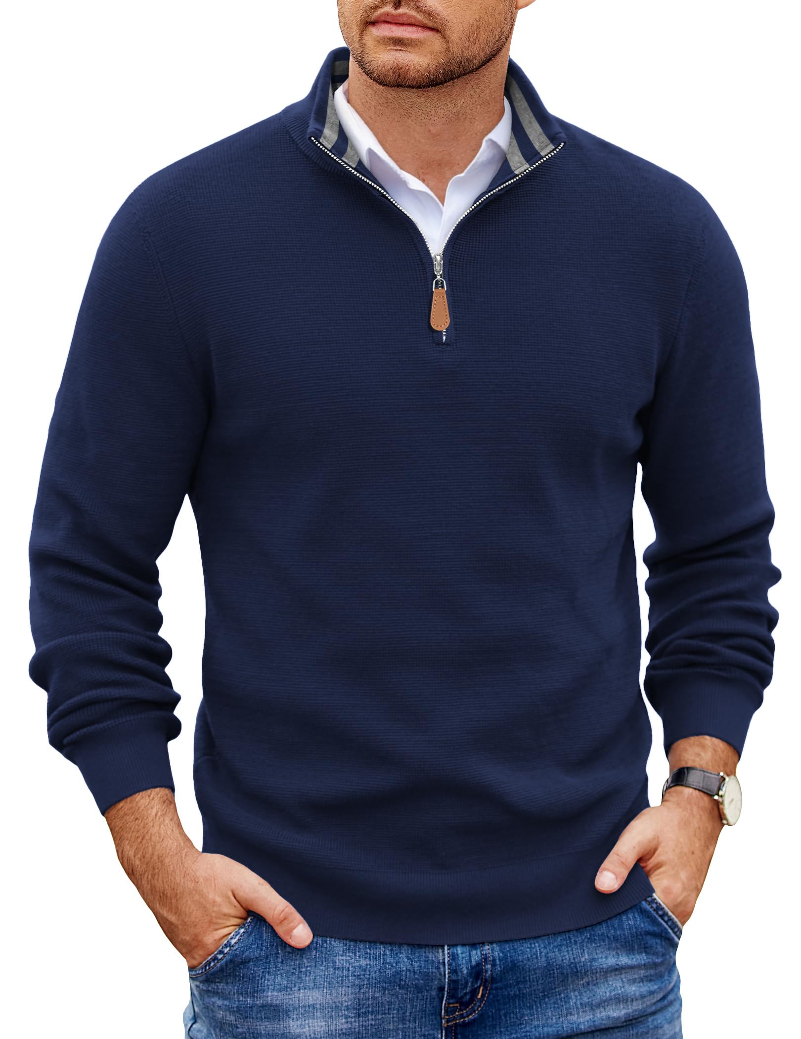 COOFANDY Mens Quarter Zip Pullover Sweater Casual Mock Neck Knit Polo