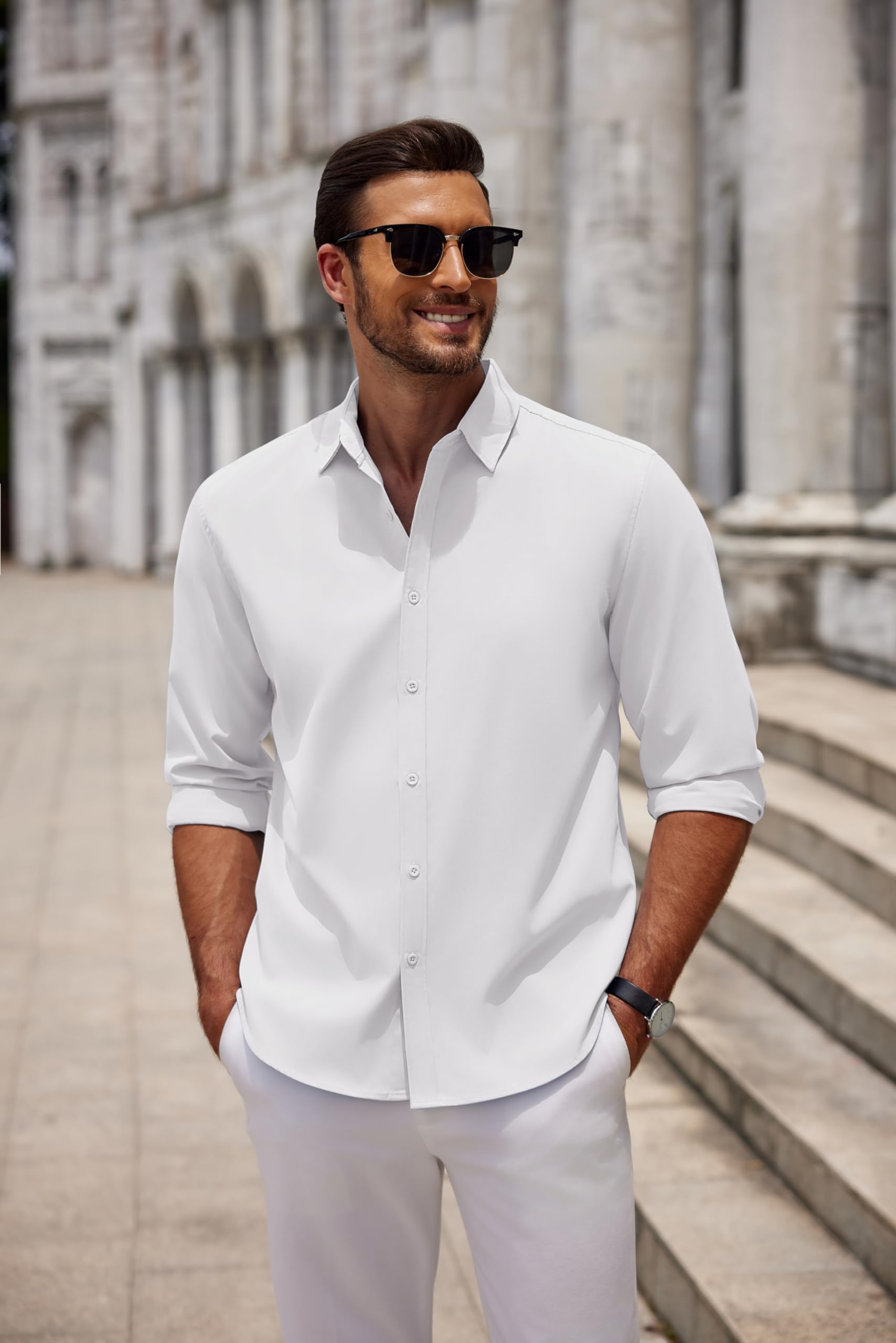 COOFANDY Camicia da uomo a maniche lunghe con bottoni, stile casual, da spiaggia, per matrimoni