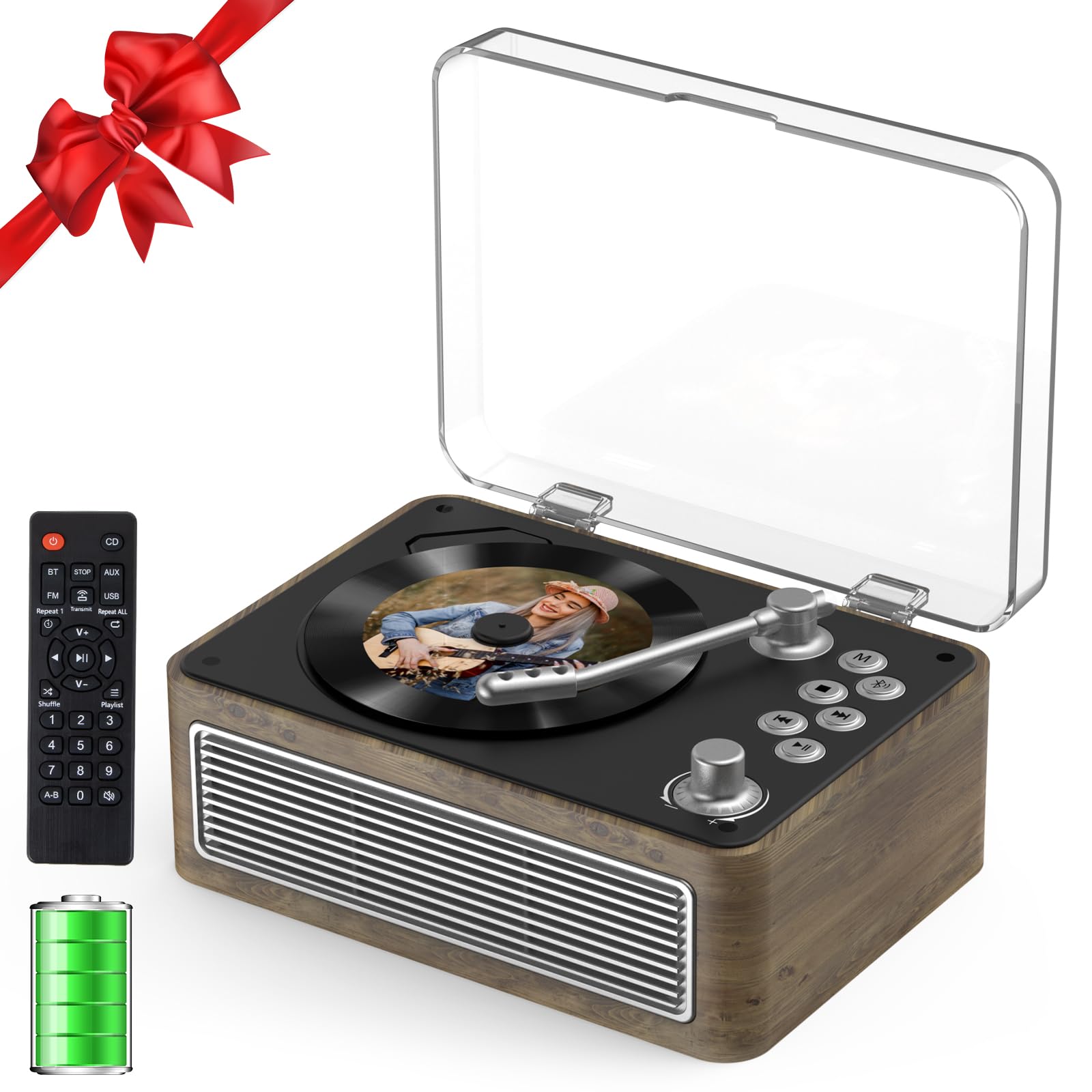 Gueray Lettore CD Bluetooth Portatile con Altoparlanti 3600mAh Ricaricabile Vintage per Casa, Lettore CD Retrò Legno Quercia Radio FM con Telecomando, Supporta Riproduzione USB AUX per Audiolibri