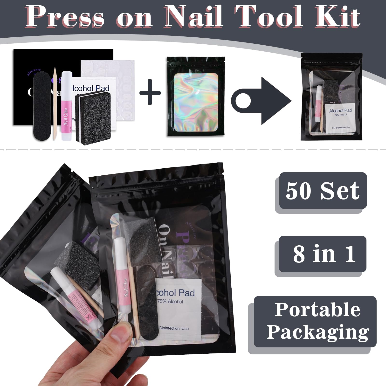 Juego de 50 kits de suministros de uñas desechables, kit de herramientas profesionales de manicura a presión con lima de uñas, pulidor de uñas, pestañas adhesivas, pegamento de uñas, palos,