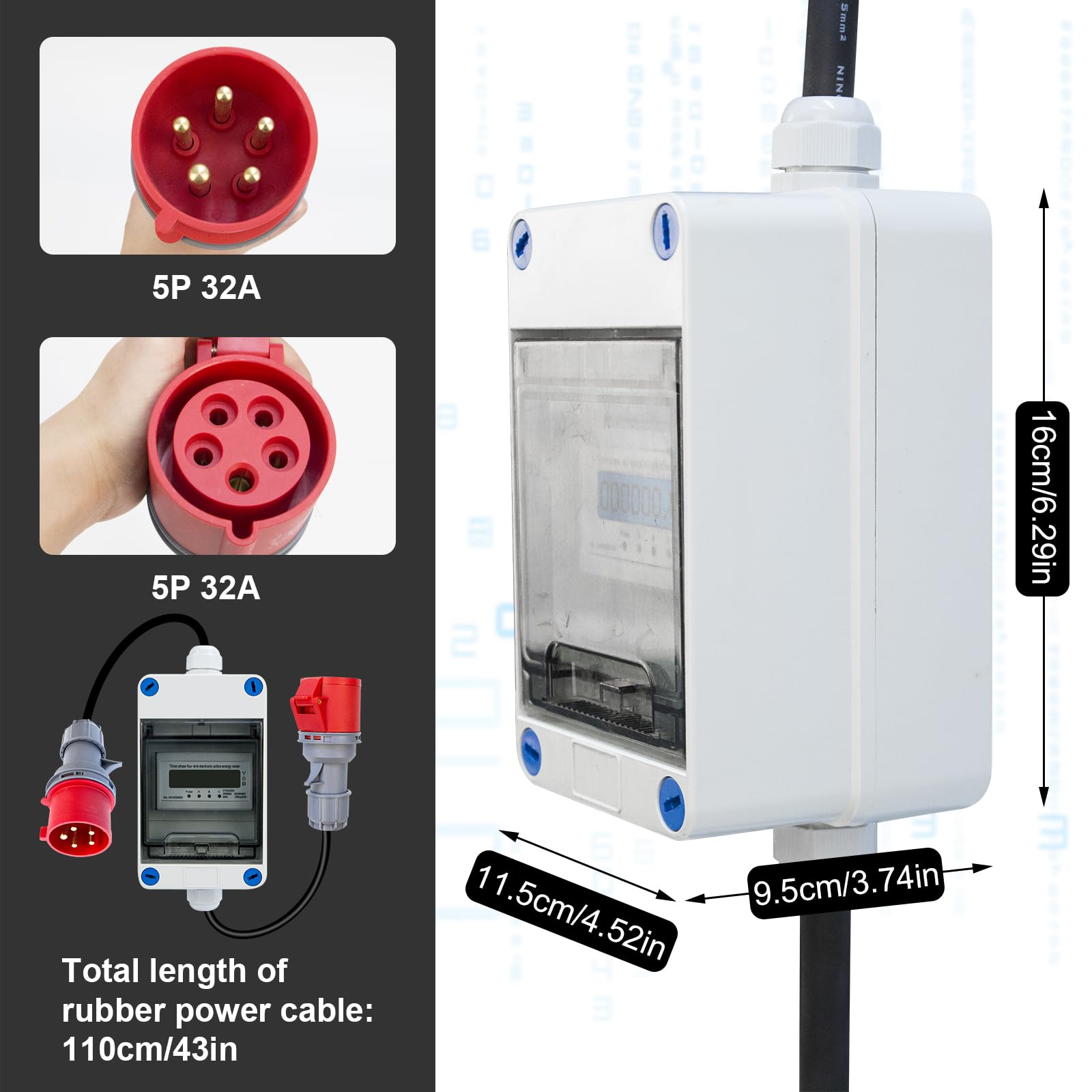 AIFIZO Mobiele digitale stroommeter met reset 2 m, 3 fasen, 32 A 400 V, CEE- stekker en koppeling, draaistroommeter, IP55 CEE-adapter, stroommeter voor stopcontact