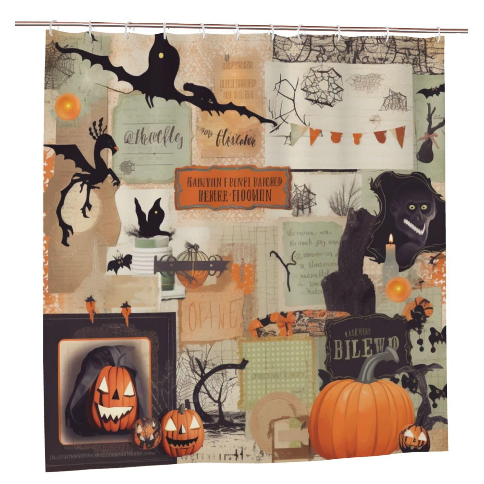BWWHCCTI Halloween Scrapbook Printed Shower Curtain With 12 Plastic Hooks Opaque Quick Drying Waterproof Shower Curtains Sets For Bathroom 183x183 CM