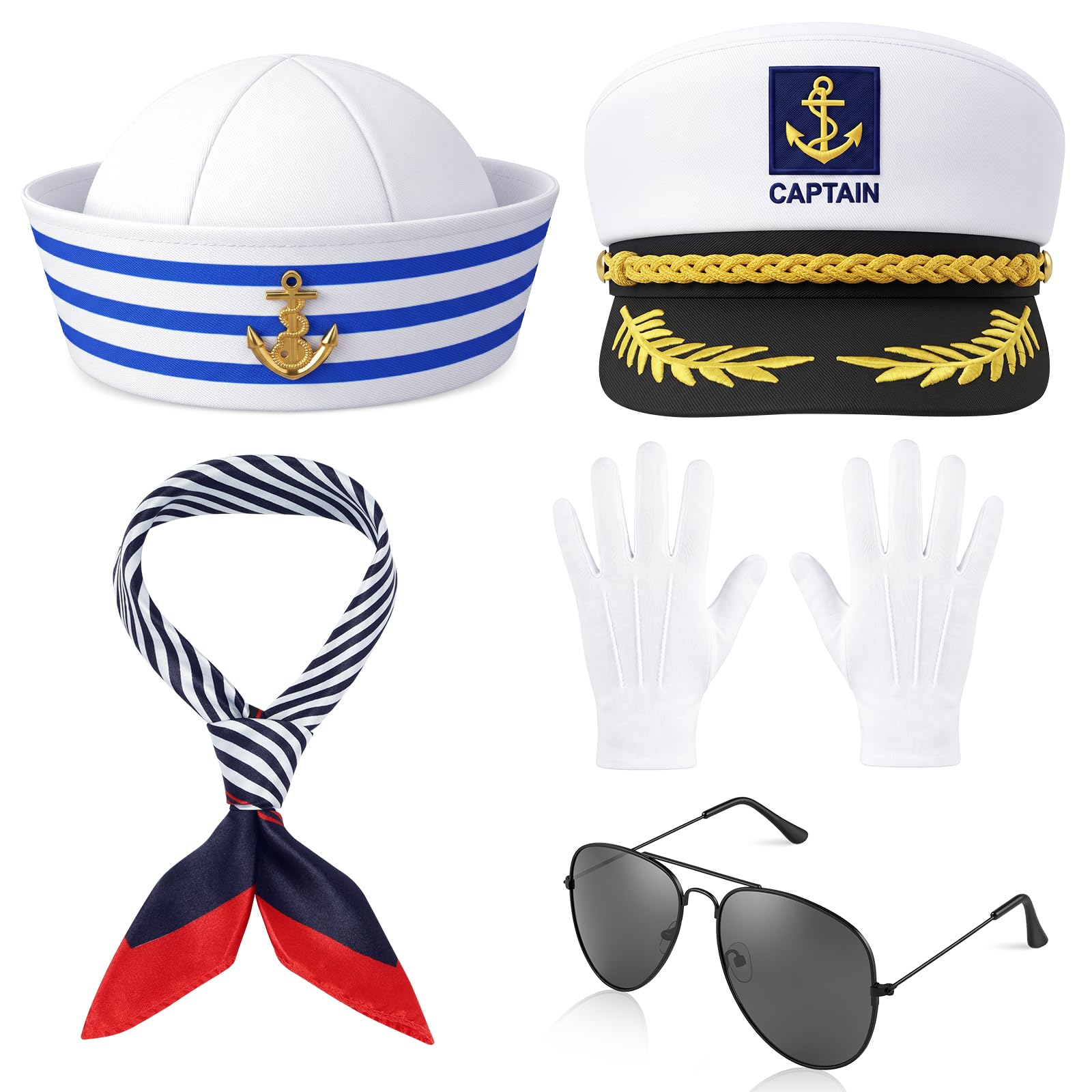 AUYAO Sailor Hat 5 Pcs Adult Captain Hat Costume Set Marine Admiral Cap