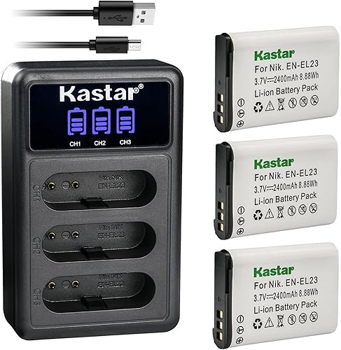 Kastar Paquete de 3 baterías EN-EL23 y cargador USB triple LCD compatible con batería Nikon EN-EL23 ENEL23, cargador Nikon MH-67 MH-67P, Nikon