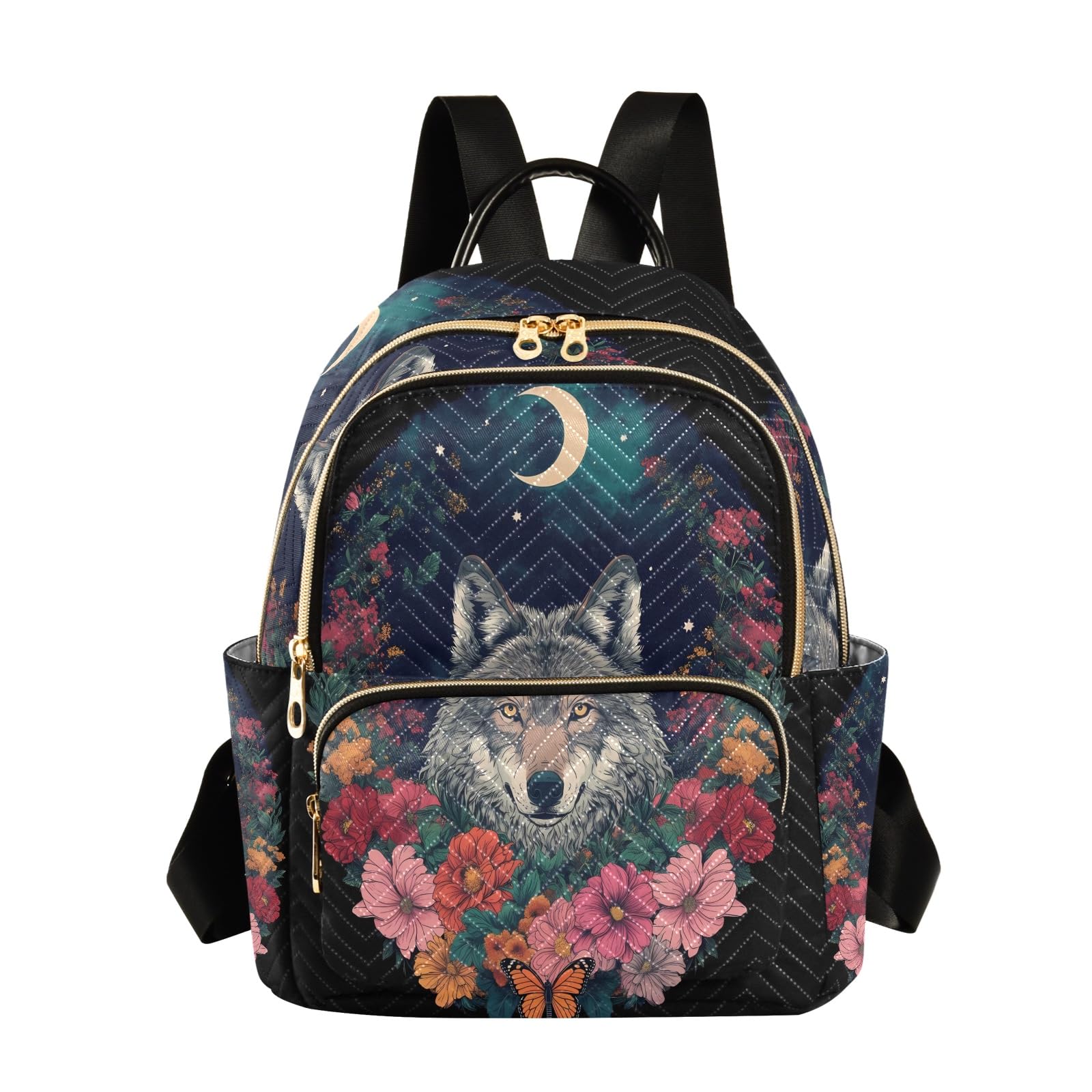 Nexawaveo Quilted Backpack for Women Wolf with Flowers Night Sky Carry-On 14 Inch Laptop Backpack, Wolf With Flowers Night Sky, M, Rucksack Backpacks