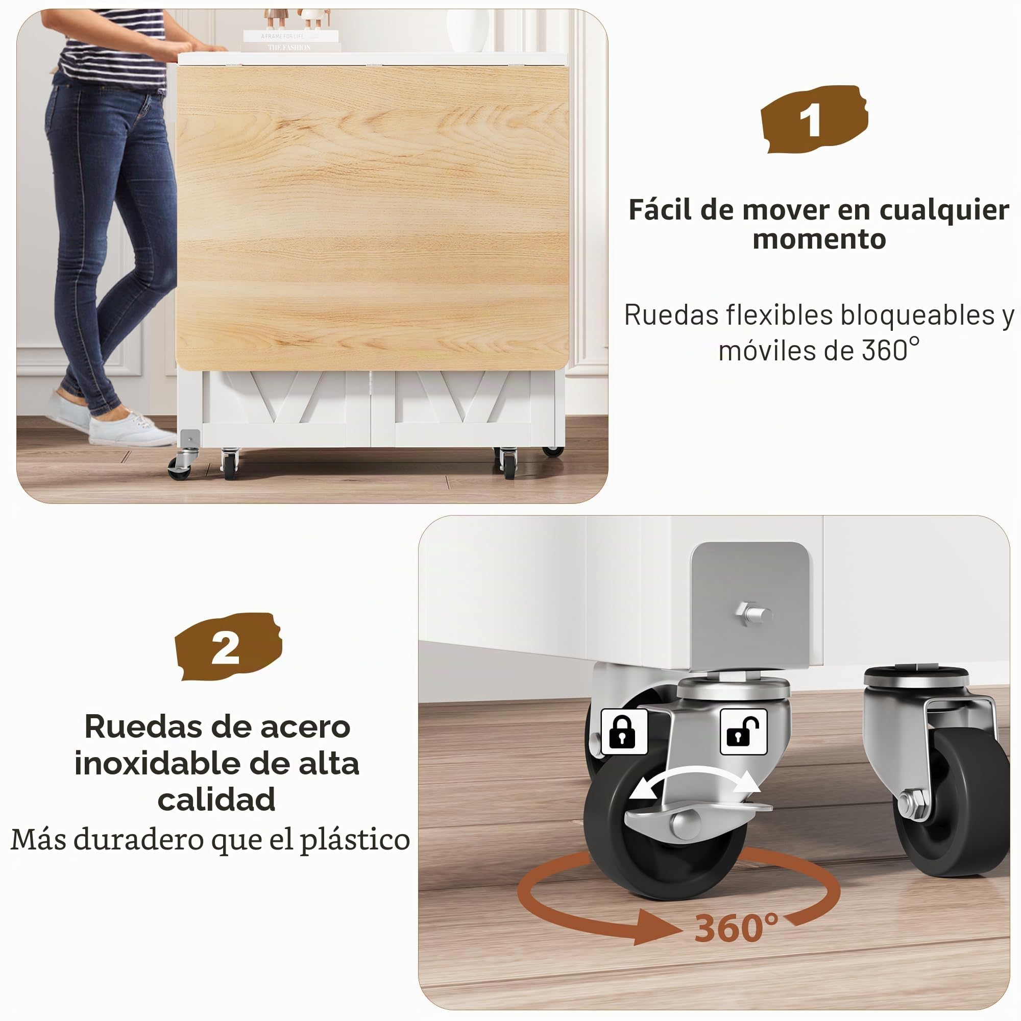Jocoevol Mesa Plegable Comedor con Ruedas, Mesa Cocina Plegable con 1 Cajón Y 2 Áreas De Almacenamiento, Adecuada para 2-4 Personnas, para Espacios Pequeños, Comedor Y Cocina (Arce Blanco)