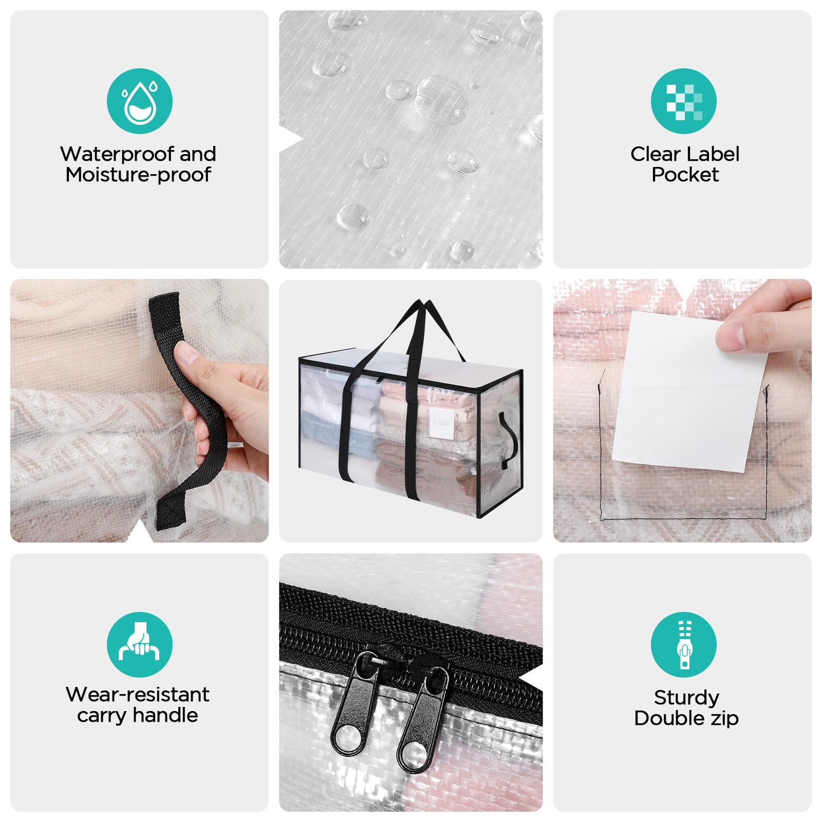 AiQInu 2 Piezas Bolsa Almacenaje 72 L, Impermeable Bolsas Mudanza Grandes Cremallera y Asa, Transparente Bolsa de Almacenamiento Ropa, Cajas Ordenacion Armario para Guardar Ropa Edredones