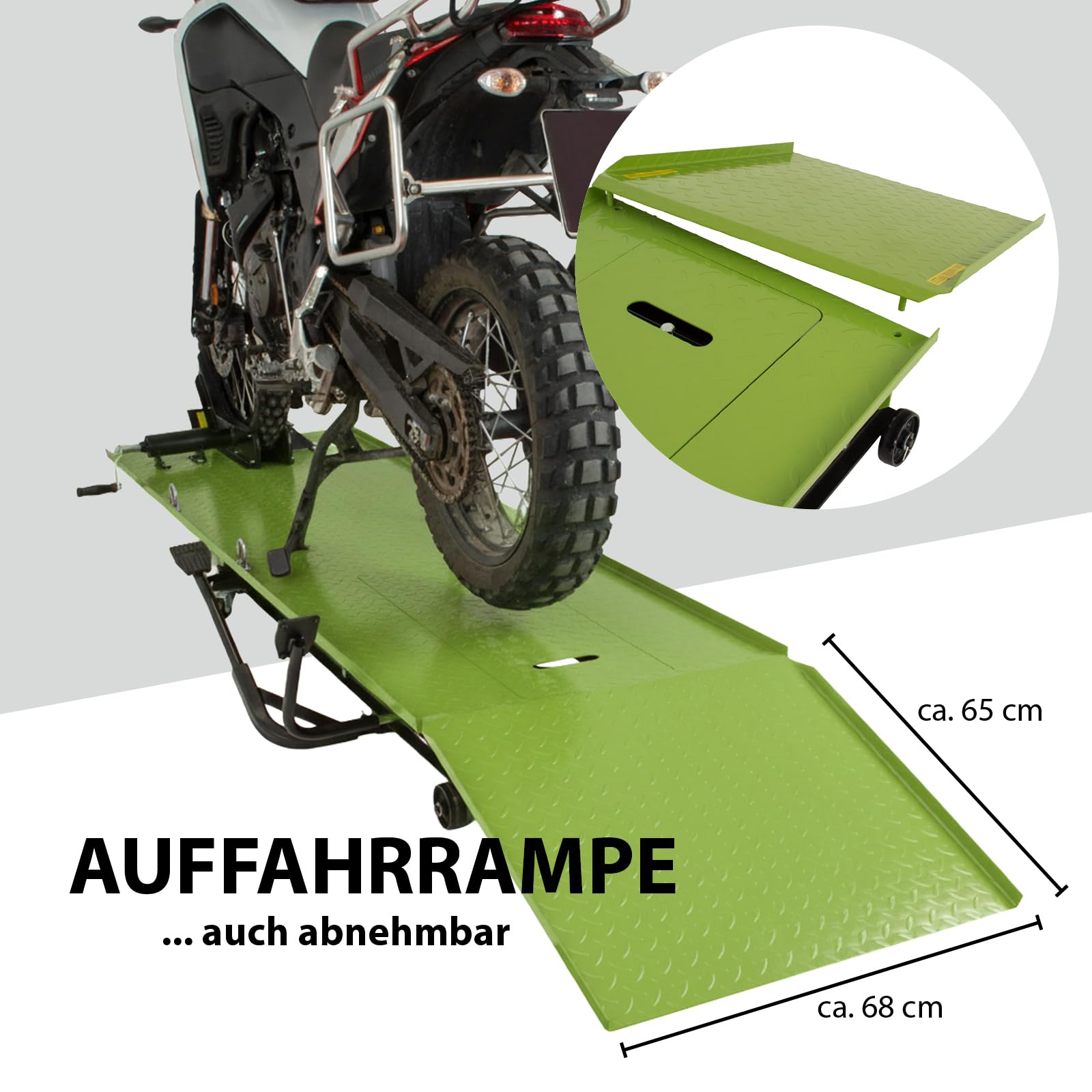 TRUTZHOLM Motorradhebebühne hydraulisch Tragkraft 450 kg Motorradheber Extra-Breit 68 cm Hubbereich 20-84 cm abnehmbare Auffahrrampe 4 Halteösen 45° Vorderradklemmung Parallelheber Hebebühne (Grün)