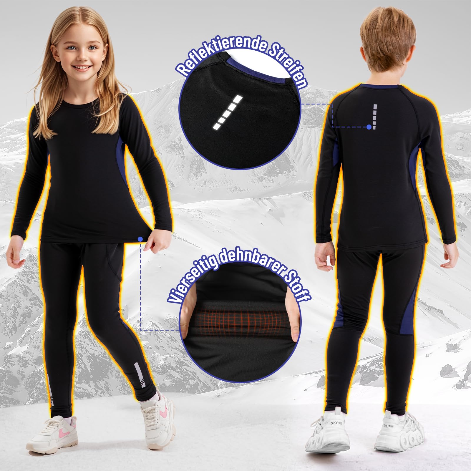 Set di primo strato termico per bambini, in caldo pile, con 2 tasche, ad asciugatura rapida, traspirante, a maniche lunghe, per sci e sport