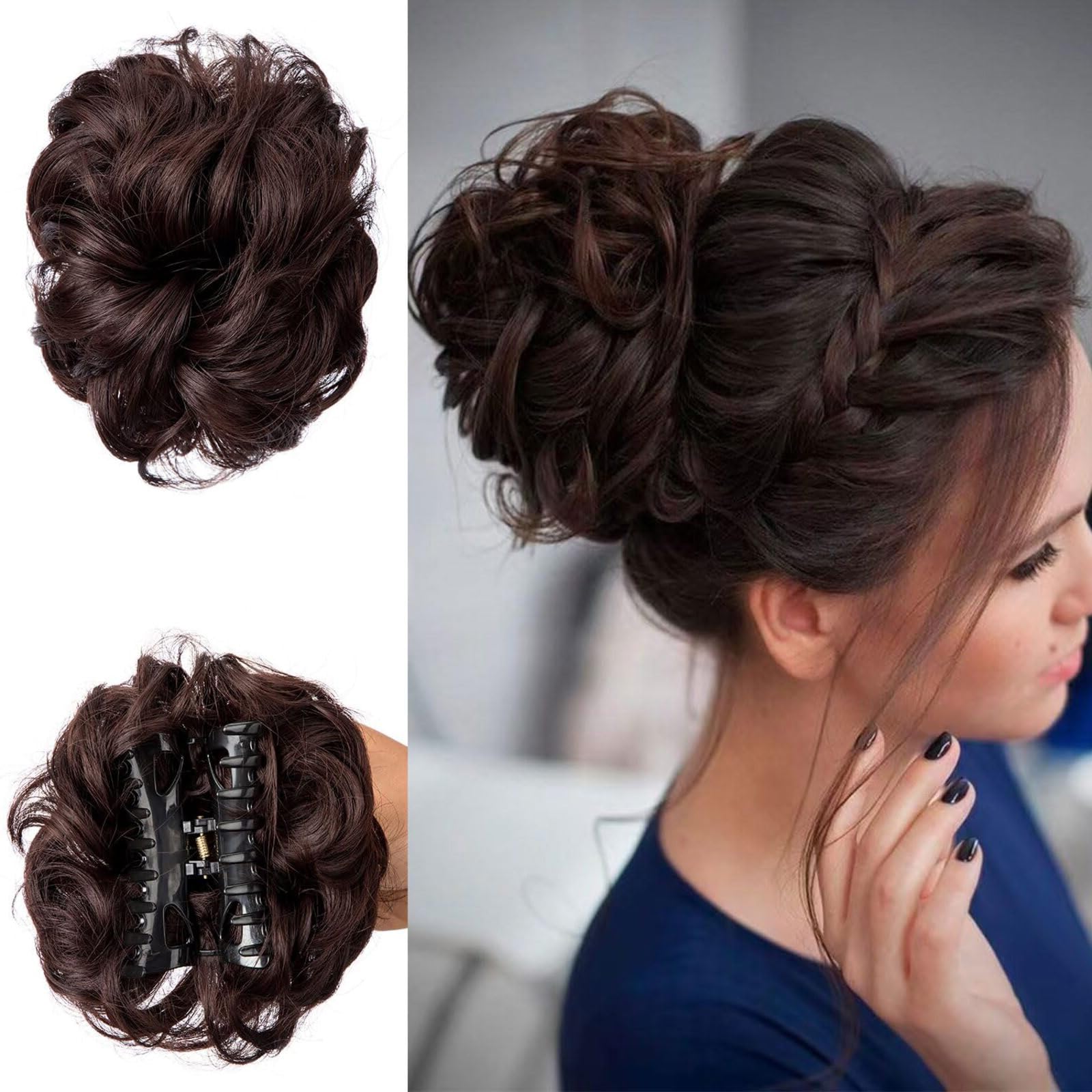 CVNRCLP Large Claw Clip Messy Bun Hair Piece, Wavy Curly Synthetic Tousled Updo Extensions for Women (Dark Brown)