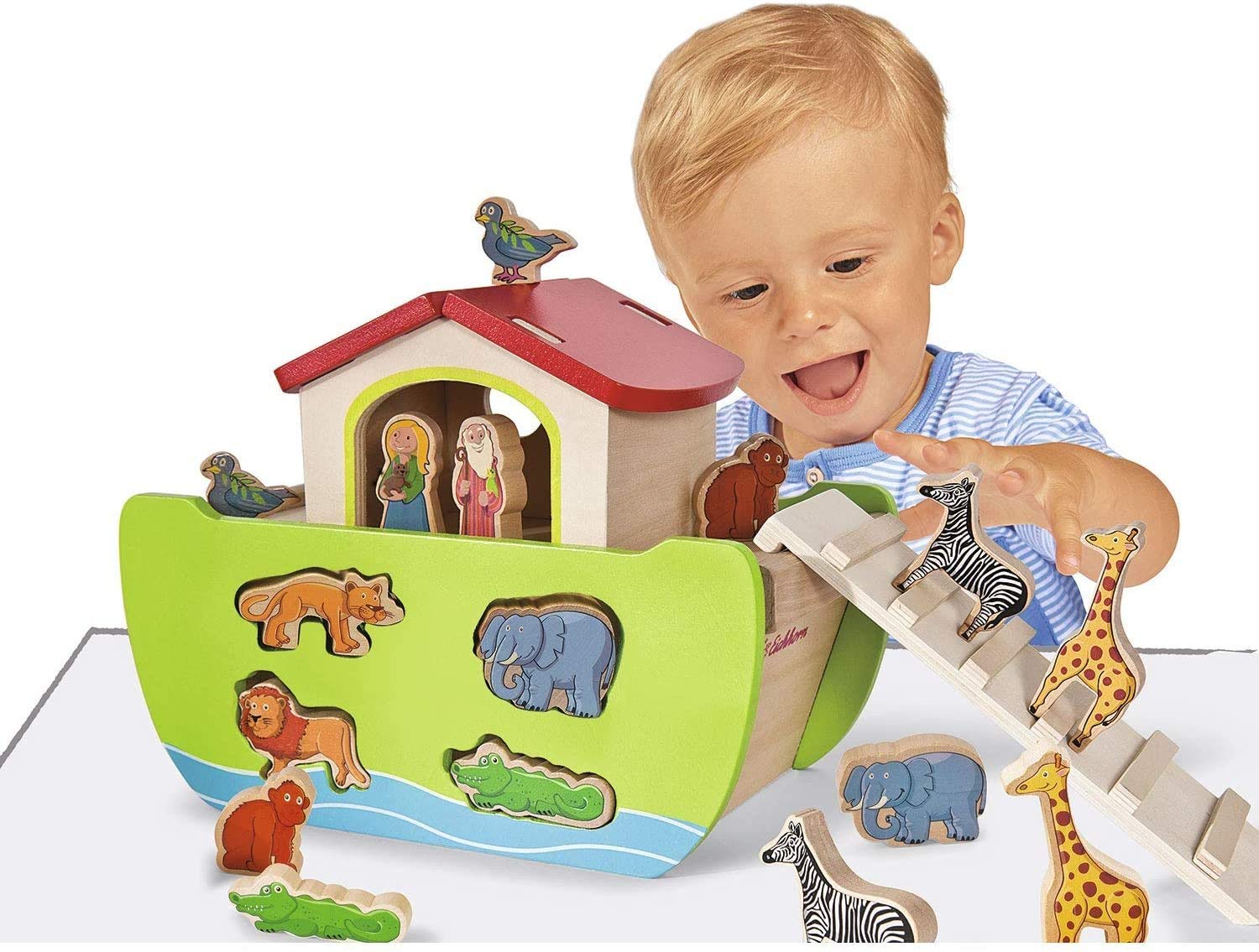 Eichhorn Wooden Noah's Ark Multi-Colour Shape Sorter Toy with 16 Colourful Animal Shapes & 2 Human Figures - Image 2