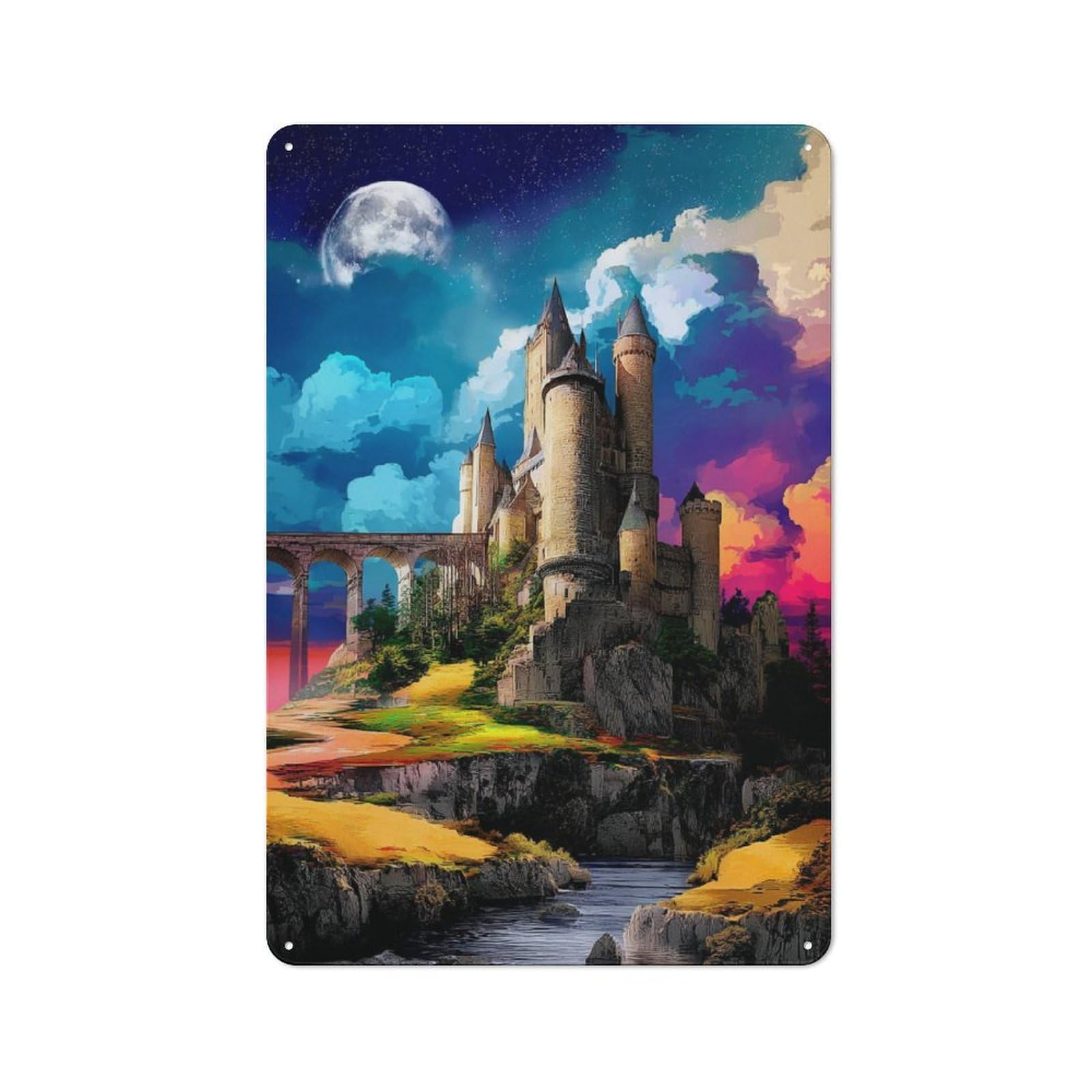 Junmoney Fantasy Castle Under A Full Moon Metal Wall Plaque With Design 30X20cm, Old Fashioned Vintage Wall Decor For Living Room, Hallway, Kitchen Or Cafe