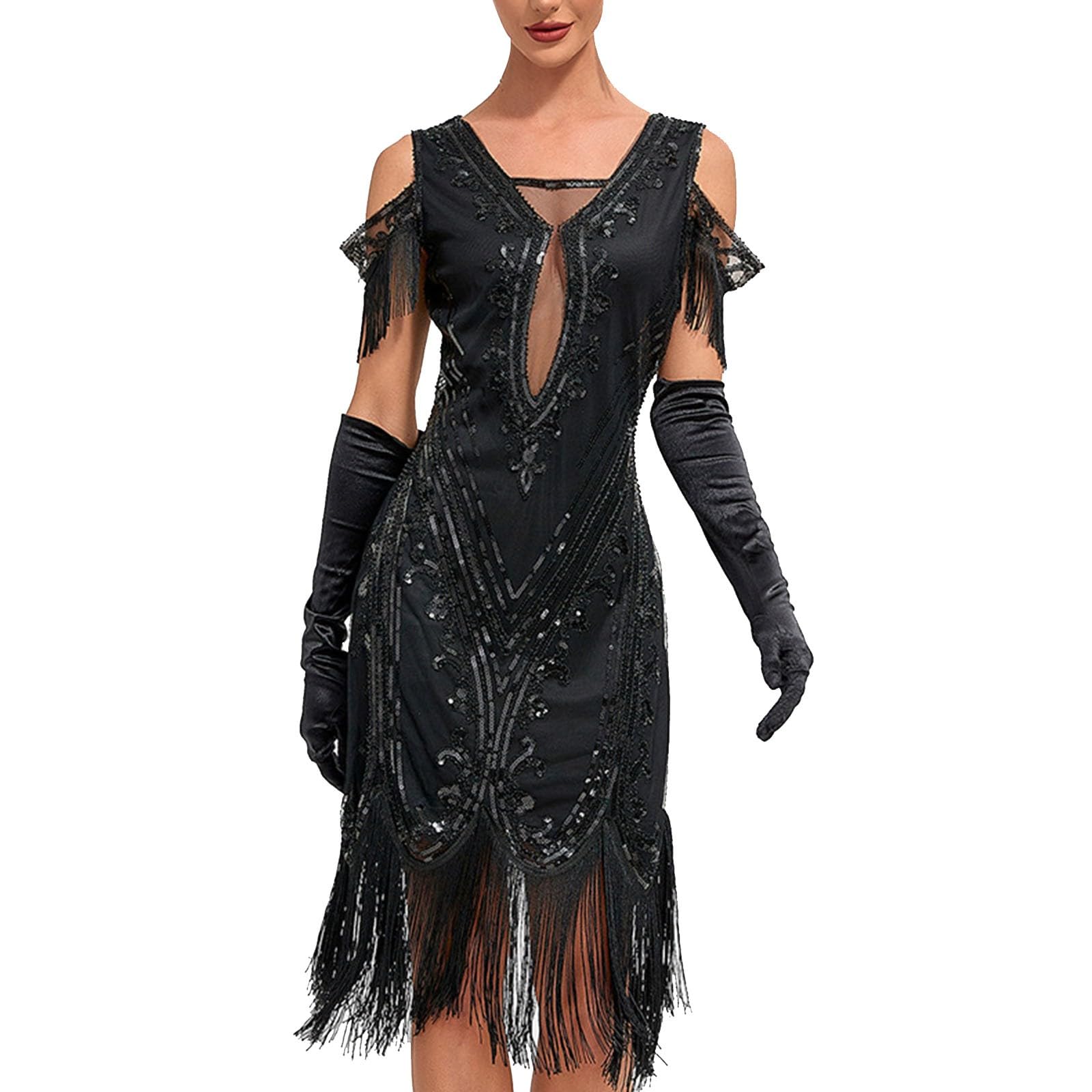 Damen Kleider Elegant Partykleid Knielanges Flapper Partykleid der 1920er Jahre Quastensaum Pailletten Cocktailkleider mit Accessoires Kostümset für Bierfest Karneval Halloween