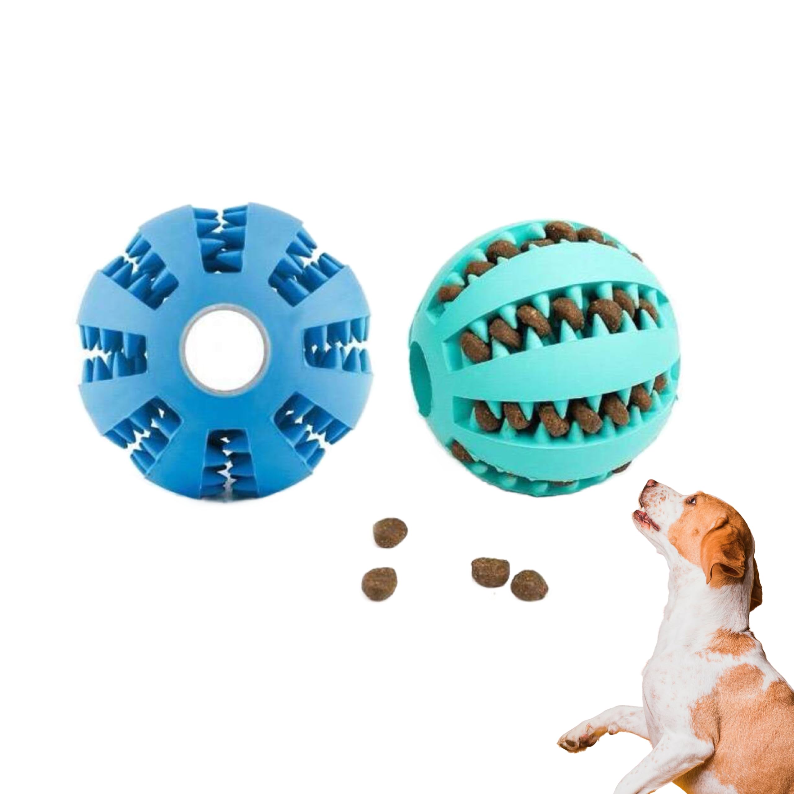 DistriPet Pelota Perro, Juguete Perro, Set de 2 Unidades de Caucho Natural, Bolas de Limpieza de Dientes y Dispensador de Golosinas Duradero y Resistente (5 cm - Azul y Verde)