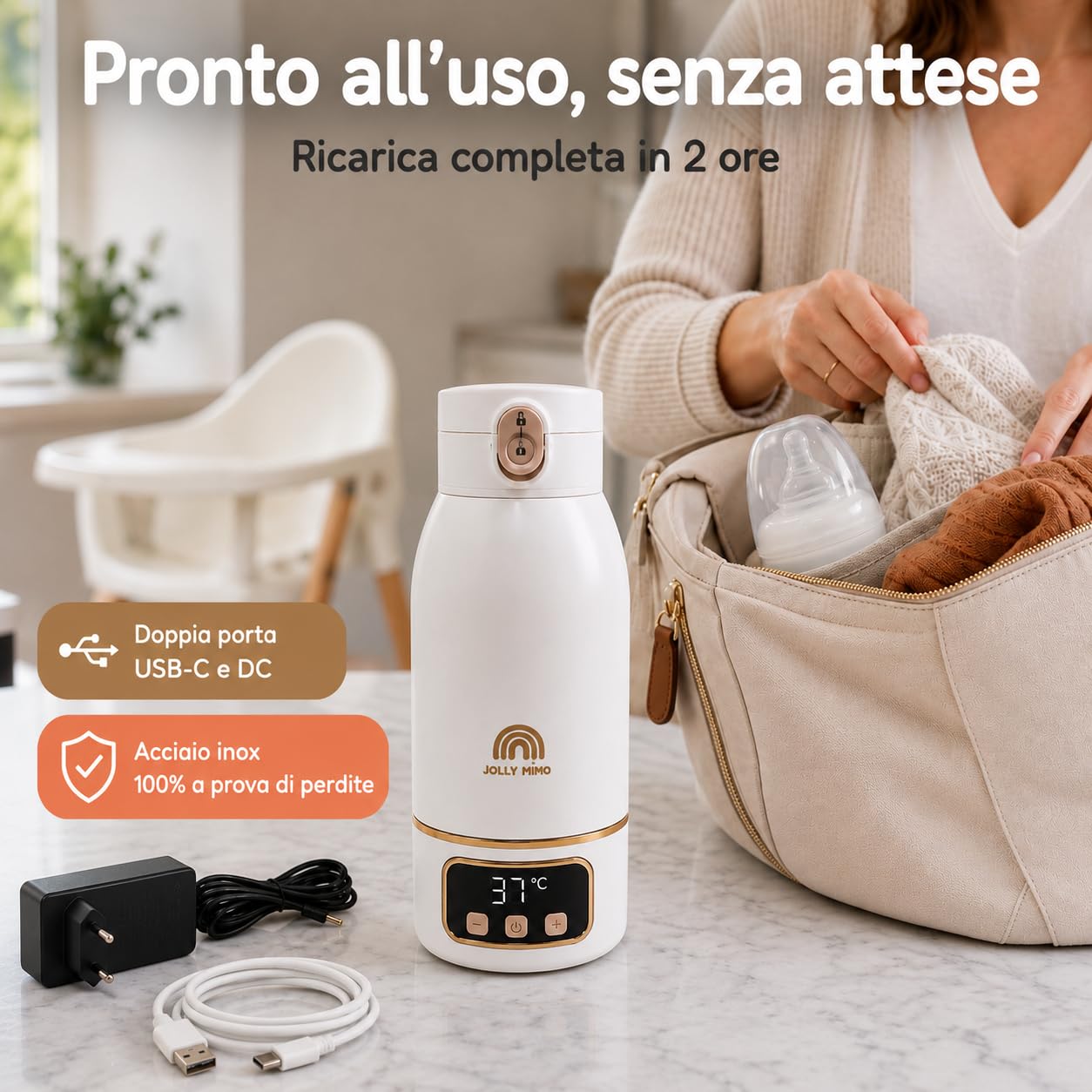 Scaldabiberon Portatile Senza Fili 500ml, Acciaio Inox, Temperatura Regolabile 35-55°C, Acqua e Latte Materno, Viaggio/Auto/Notte, Spazzolino Incluso, Design Dorato Premium