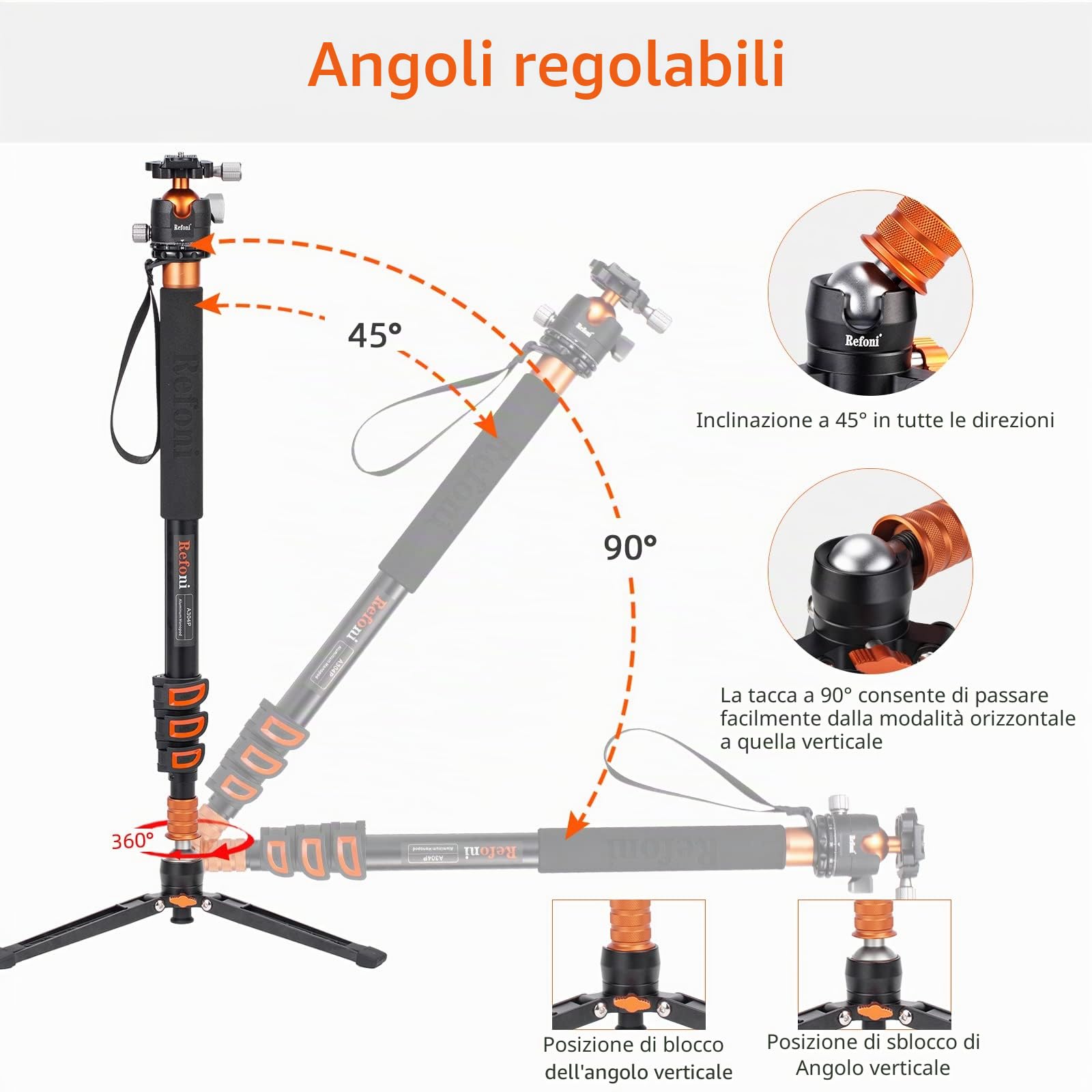 Monopiede per fotocamera, Refoni A304P Monopiede in alluminio da 183 cm con testa a sfera, con piedini di supporto per reflex digitali, fotocamere compatte e mirrorless, con un carico massimo di 15 kg