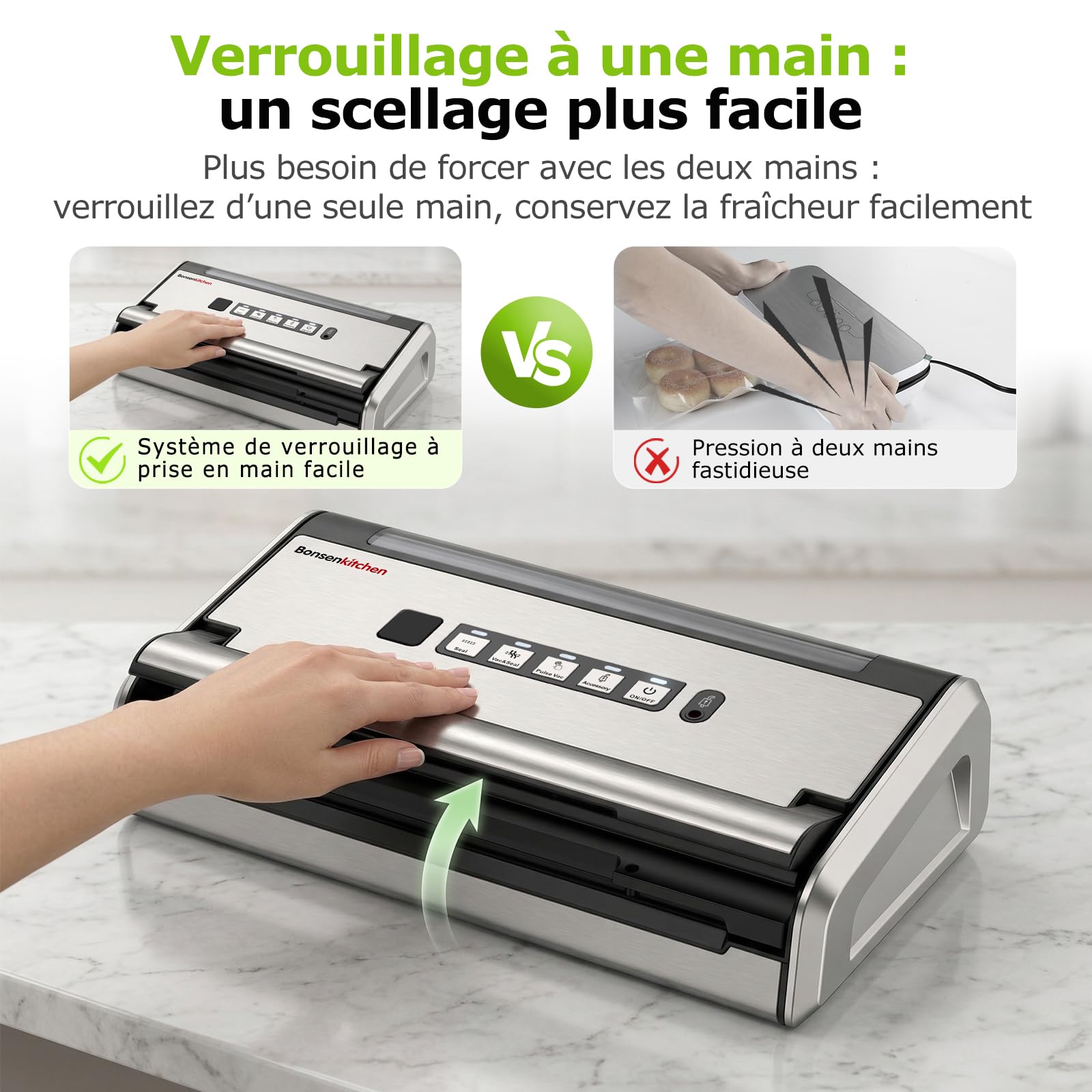 Bonsenkitchen Machine Sous Vide, Soudure Large 5mm Anti-Fuite, Acier Inoxydable, Une Main & Pulse Sec/Humide, Machine Sous Vide Haute Performance incl. 1 Rouleau & 10 Sachets, VS4200