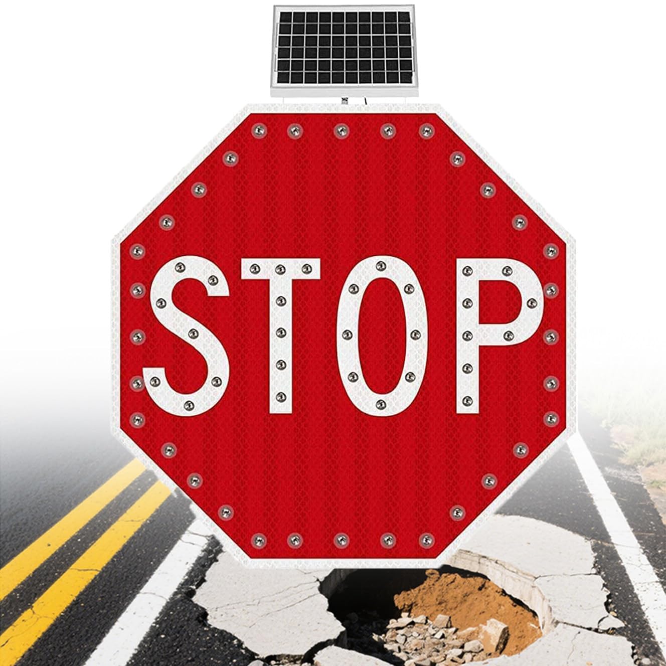 PtaTritious Solar Powered Flashing LED Stop Sign,solar powered led blinking reflective street traffic warning sign, Rust-Proof Metal Frame, IP65 Waterproof 30''