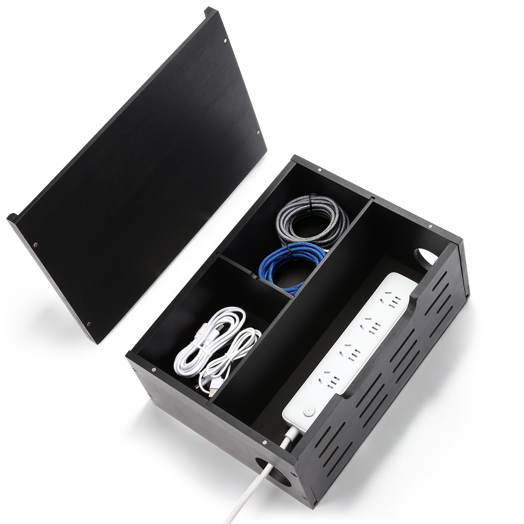 Scatola per la gestione dei cavi in legno nero, grande scatola organizer per cavi di prolunga per prese elettriche a pavimento, nascondicavo resistente per casa, ufficio, sotto la scrivania, cavi TV a