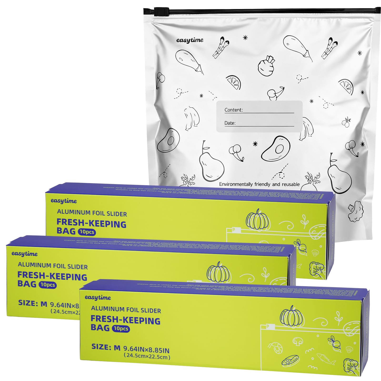 30PCS Upgraded Aluminum Foil Freezer Bags, Reusable and Resealable Storage Bags with Upgraded Zipper for Meat, Vegetable and Food Take Out, 3 Boxes 30Pcs Total (Medium Size)