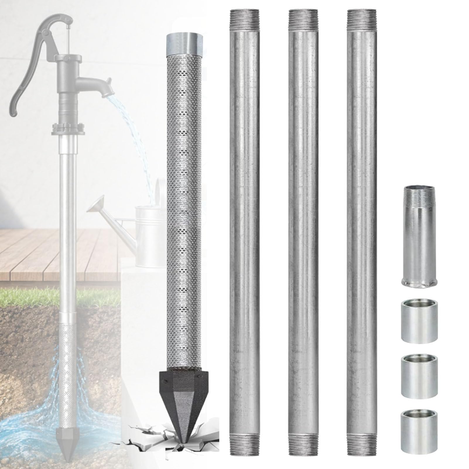 Sand Point Well Kit, Heavy Duty 1-1/4" Stainless Steel Drive Point with 60 Gauge Mesh, Professional Shallow Well Drilling Tool, Galvanized Pipes and Drive Couplings, for Gardens NoWaterPump-4M