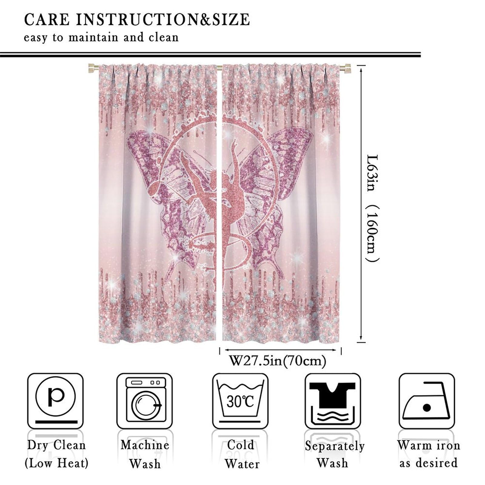Brebasf Modern Girl Gymnastics Athlete Curtains-Rustic Diamond Glitter Sequin Butterfly Dance Silhouette Window Curtain Darkening Thermal Insulated Rod Pocket Curtains 2 Panels 63