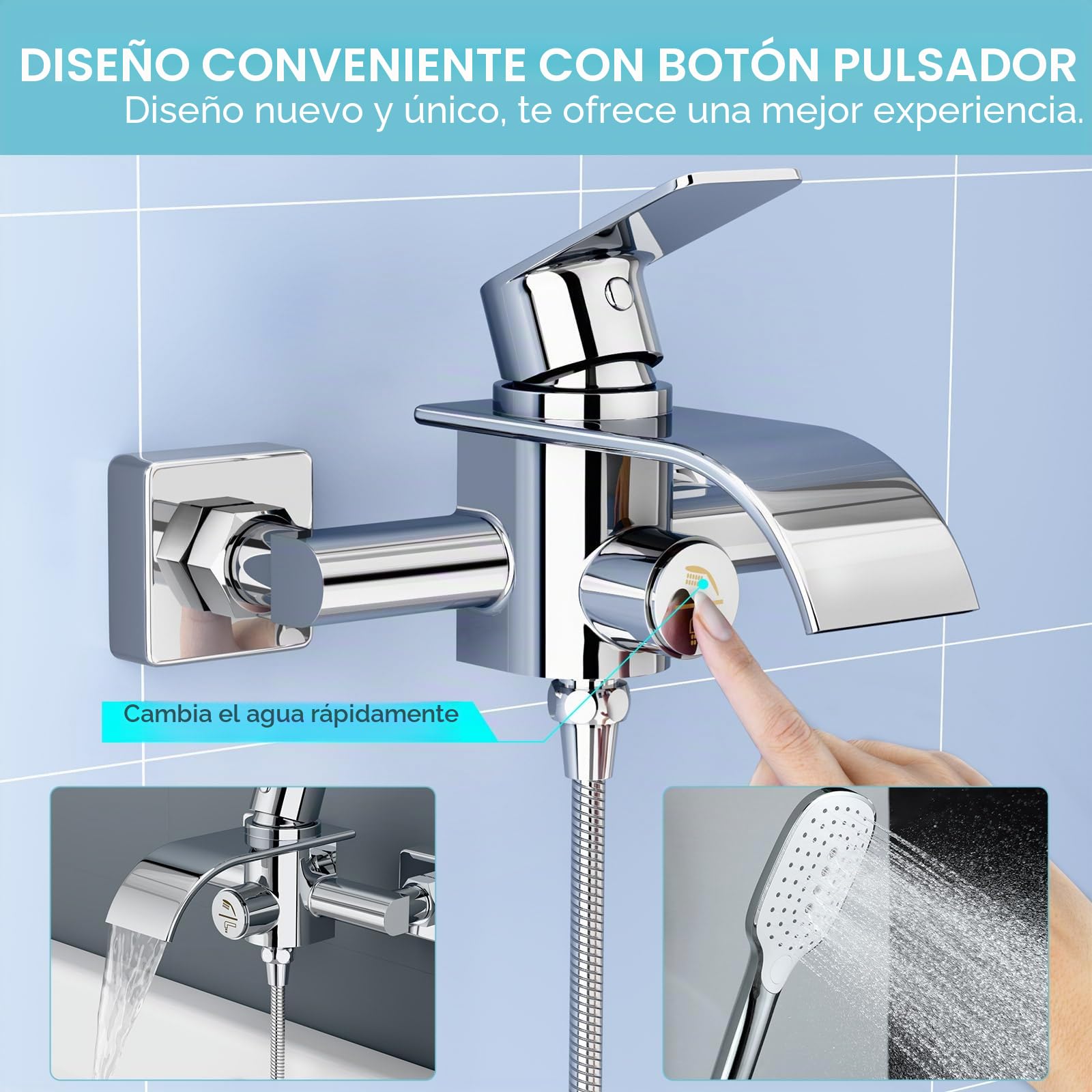 Grifo mezclador para bañera con interruptor de presión, cromado