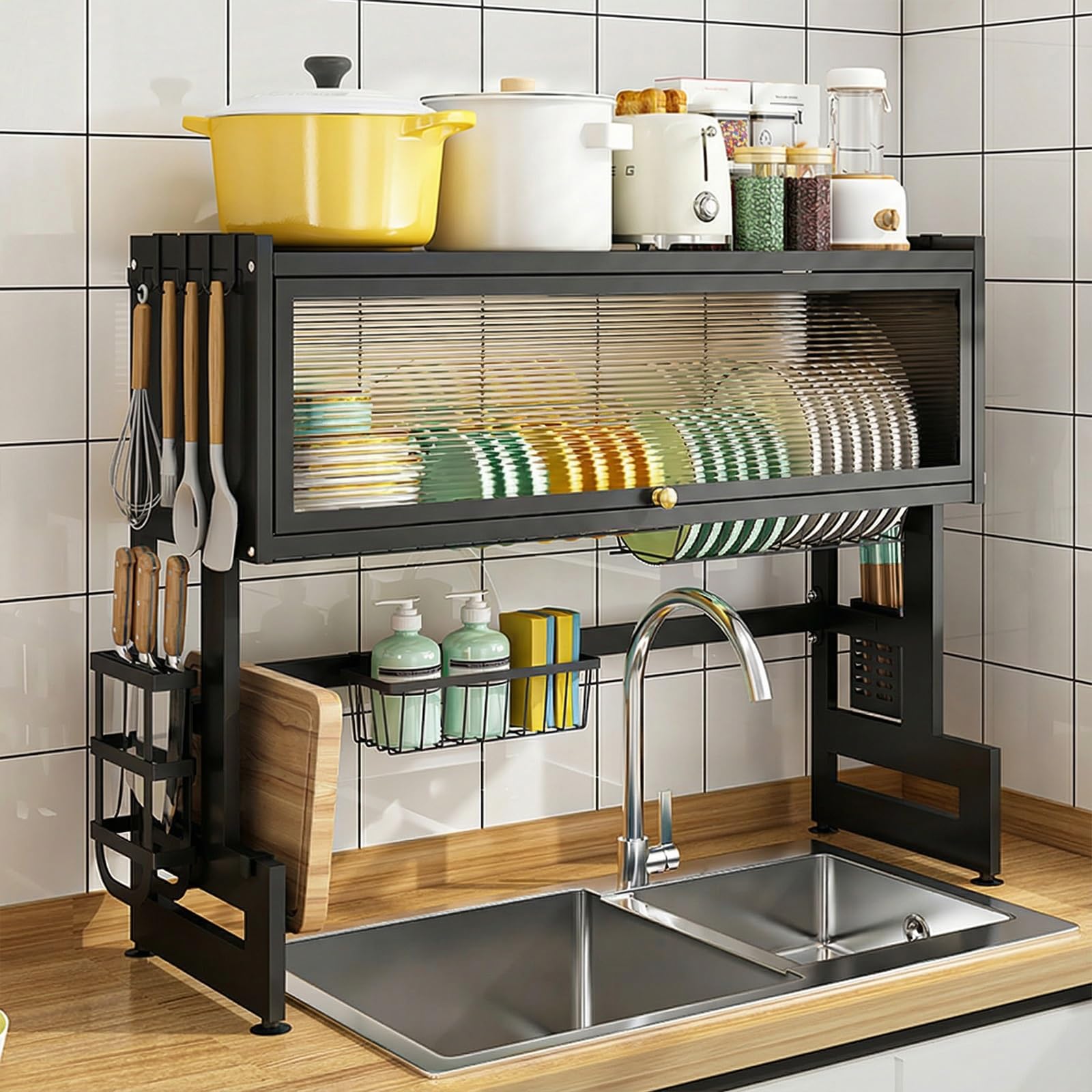 Égouttoir à vaisselle au-dessus de l'évier avec couvercle anti-poussière – Organiseur de cuisine peu encombrant avec porte-couverts pour vaisselle, assiettes, tasses et ustensiles – Optimisez l'espace