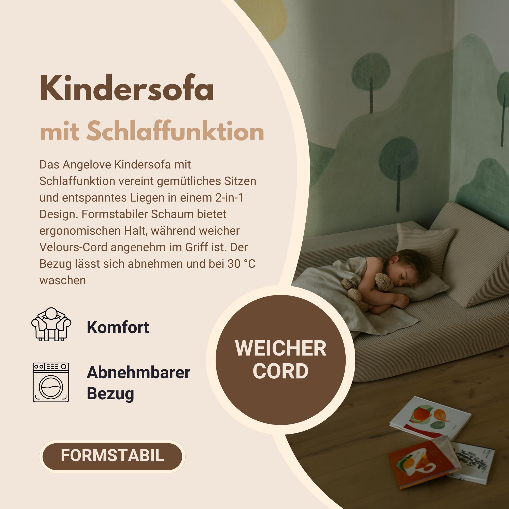 Angelove Kinder-Sofa aus Kordsamt - Kinderpolstermöbel, Couch, Ausstattung für Kinderzimmer, Beig