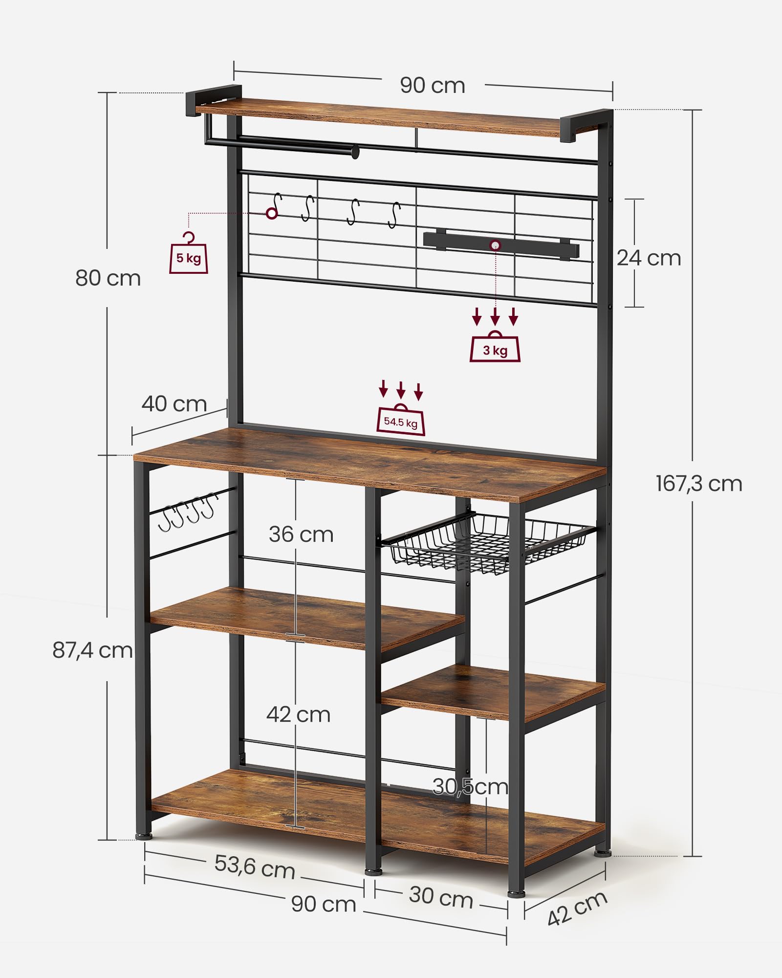 VASAGLE Étagère de Cuisine, Meuble de Rangement, Îlot de Cuisine avec Support Magnétique pour Couteaux, Panier Métallique, Support pour Essuie-Tout, 12 Crochets, Marron Rustique et Noir KKS026B01