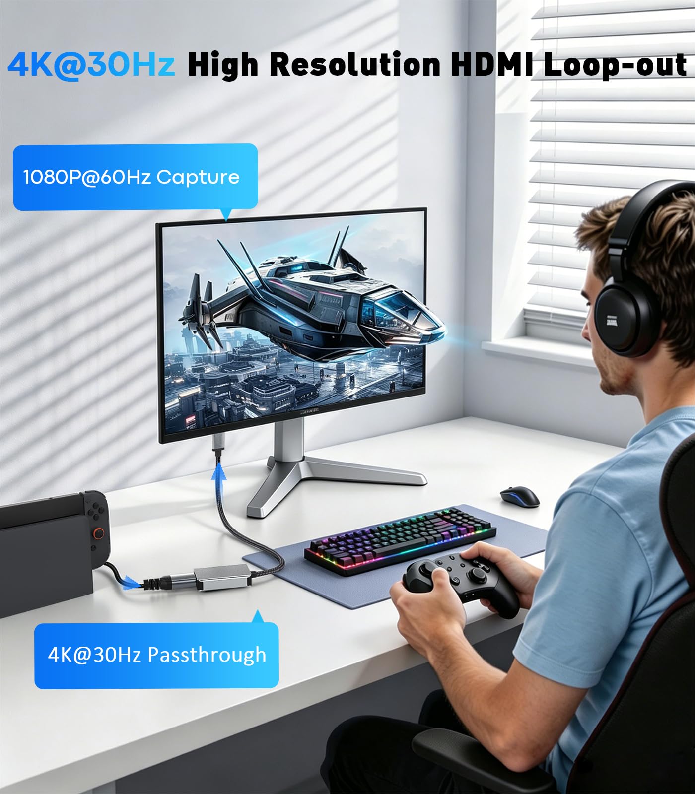 Tarjeta de captura de video 4K HDMI a USB 3.0, 1080P 60FPS para grabación, transmisión y juegos, Plug & Play, baja latencia, compatible con PS5, Switch 2, Xbox, Quest 3, cámara