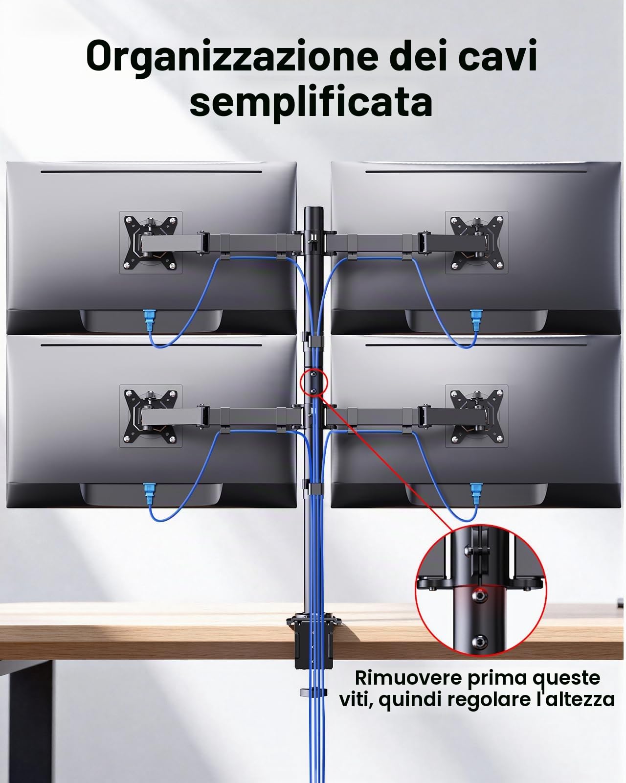 HUANUO Supporto 4 Monitor- Braccio monitor LCD per impieghi gravosi con articolazione completa, adatto a 4 schermi fino a 27 pollici - Ogni braccio sostiene fino a 10 kg, VESA 75x75-100x100 mm
