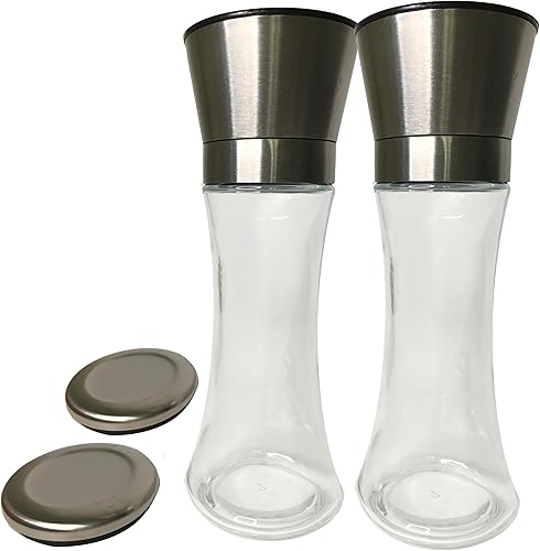 Molinillo elegante doble de 7 pulgadas de alto, acero inoxidable y vidrio, con molinillo de cerámica ajustable, molinillo de especias, molinillo de