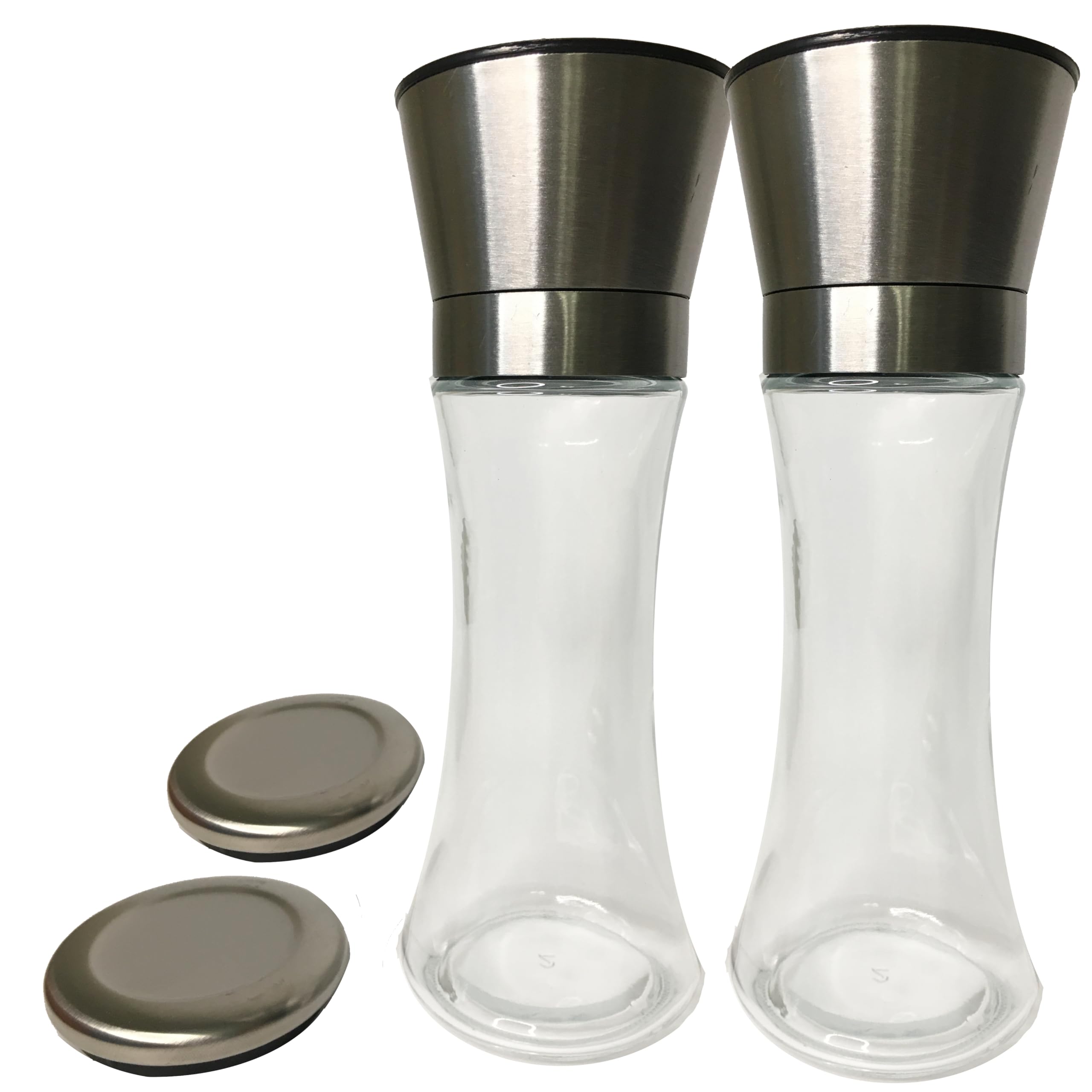 Dual Elegant GRINDER 7 inch tall, Stainless Steel and Glass grinder, with Adjustable Ceramic Grinder, Spice Mill, Pepper Grinder or Salt Grinder, shaker for seasoning, refillable grinder