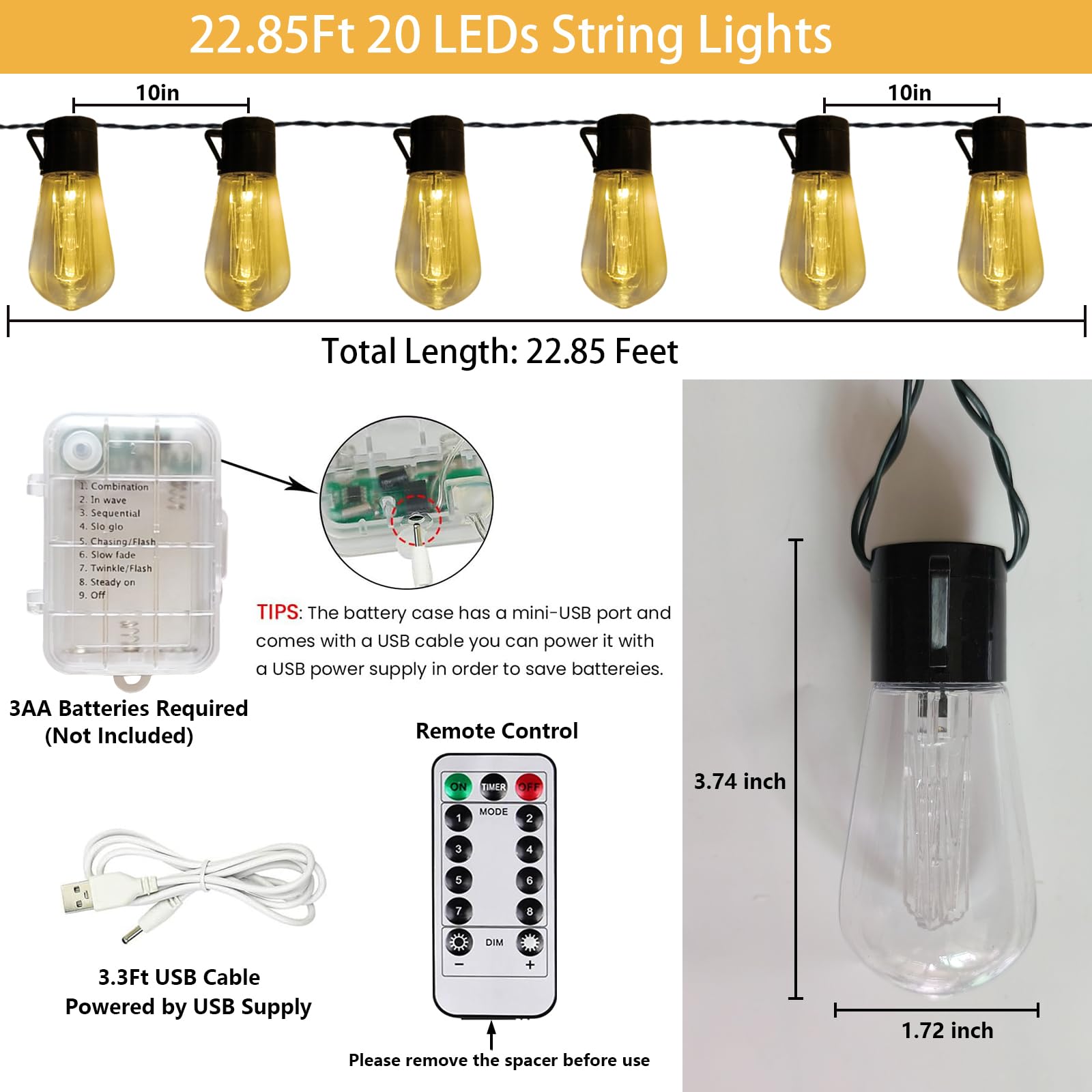 Batteriebetriebene Außenlichter, 20 LEDs, Edison-Glühbirnen, Lichterkette mit 8 Modi und Timer, USB-Stecker-Lichterkette für Innen- und Außenbereich, Schlafzimmer, Balkon, Terrasse, Camping