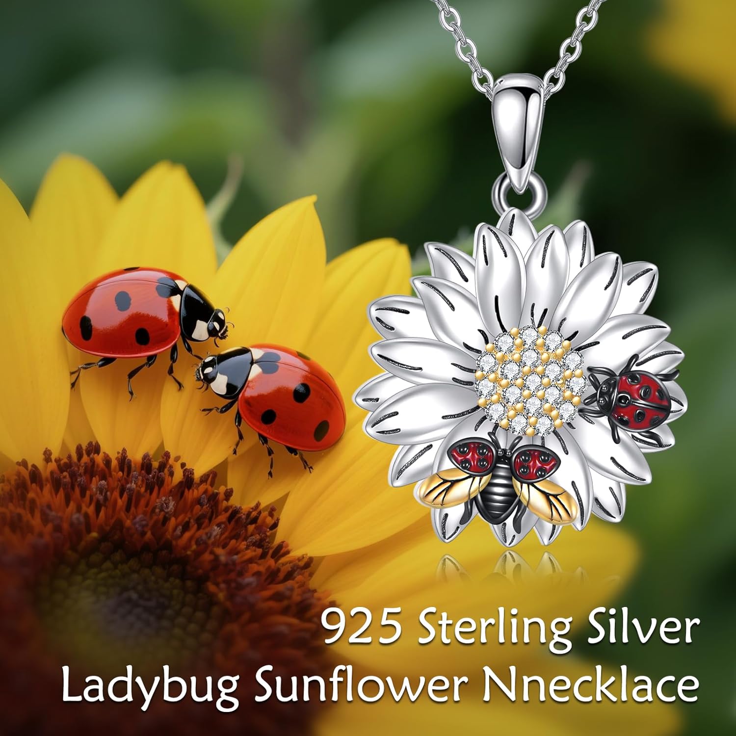 Ladybug Sunflower Necklace S925 Sterling Silver Ladybugs Sunflower Pendant Necklaces Funny Folwer Jewelry Gifts for Women - Image 3