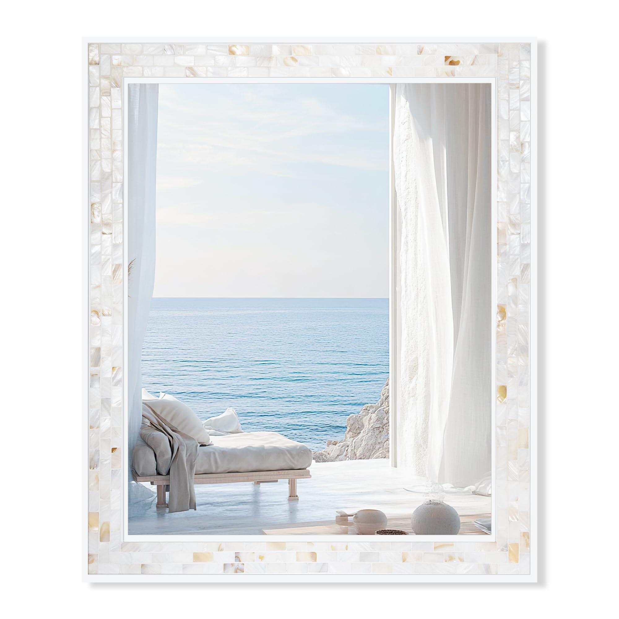 Tanmicoshomy 30 x 40 Inch White Bathroom Mirror Coastal Natural Shell Framed Rectangle Mirrors for Bedroom Living Room
