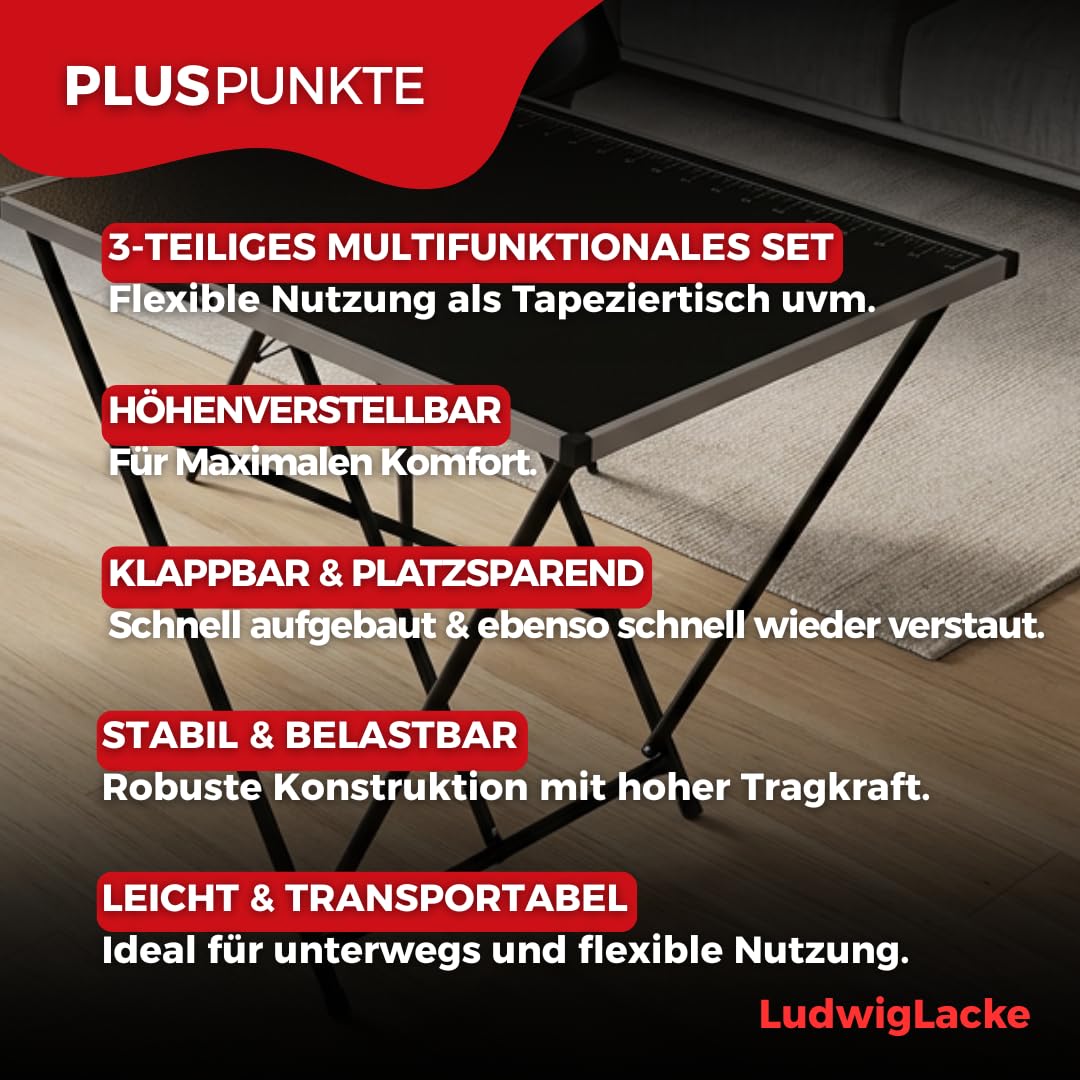 Ludwig Lacke® Table à tapisser [Set professionnel de 3 pièces] – Table pliante [extra stable 90 kg] – Table multifonction [Hauteur réglable et peu encombrante] 100 x 60 cm Table de camping Table de