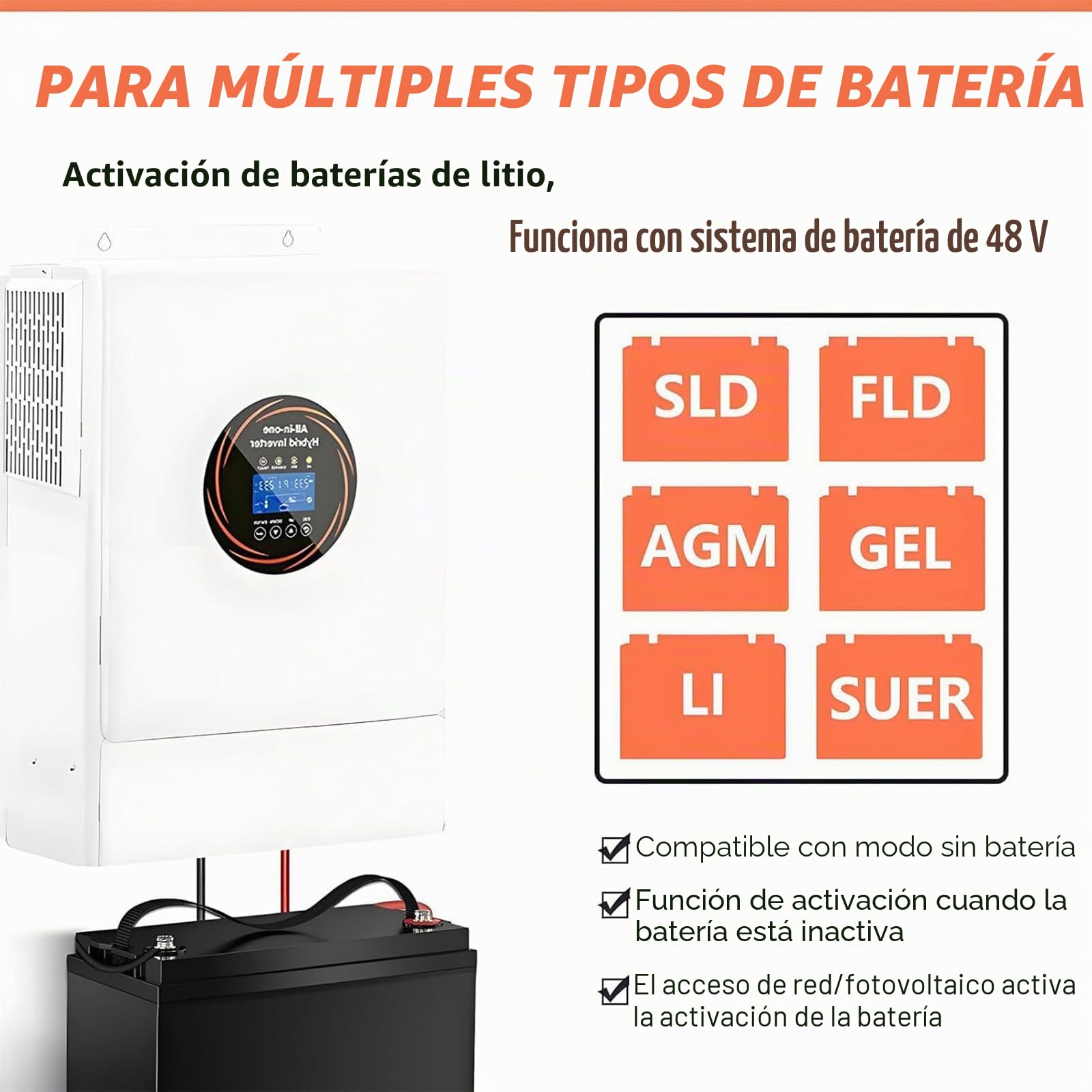 Inversor Solar Híbrido Todo En Uno 5500 W, Inversor Híbrido Fuera Red 48V A 110V/220V, Controlador Carga Solar Mppt 120 A Integrado + Cargador Ca, Compatible con Conexión En Paralelo