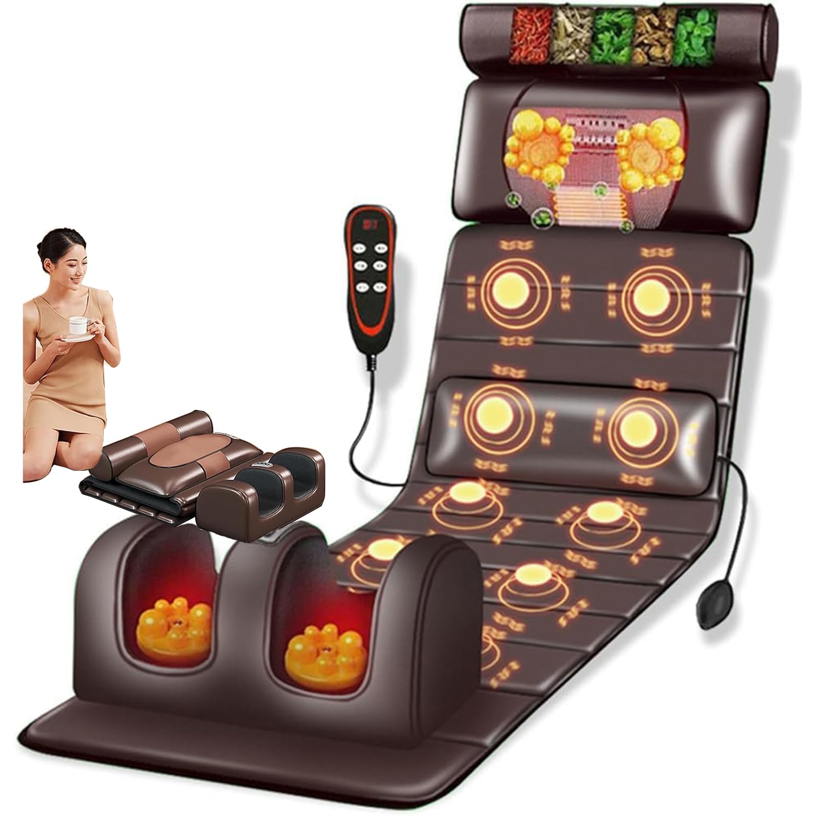 Colchón de masaje de cuerpo completo con calor, 9 modos de masaje, 9 ajustes de velocidad, vibración, amasamiento para alivio de cuello, columna vertebral, cintura y espalda