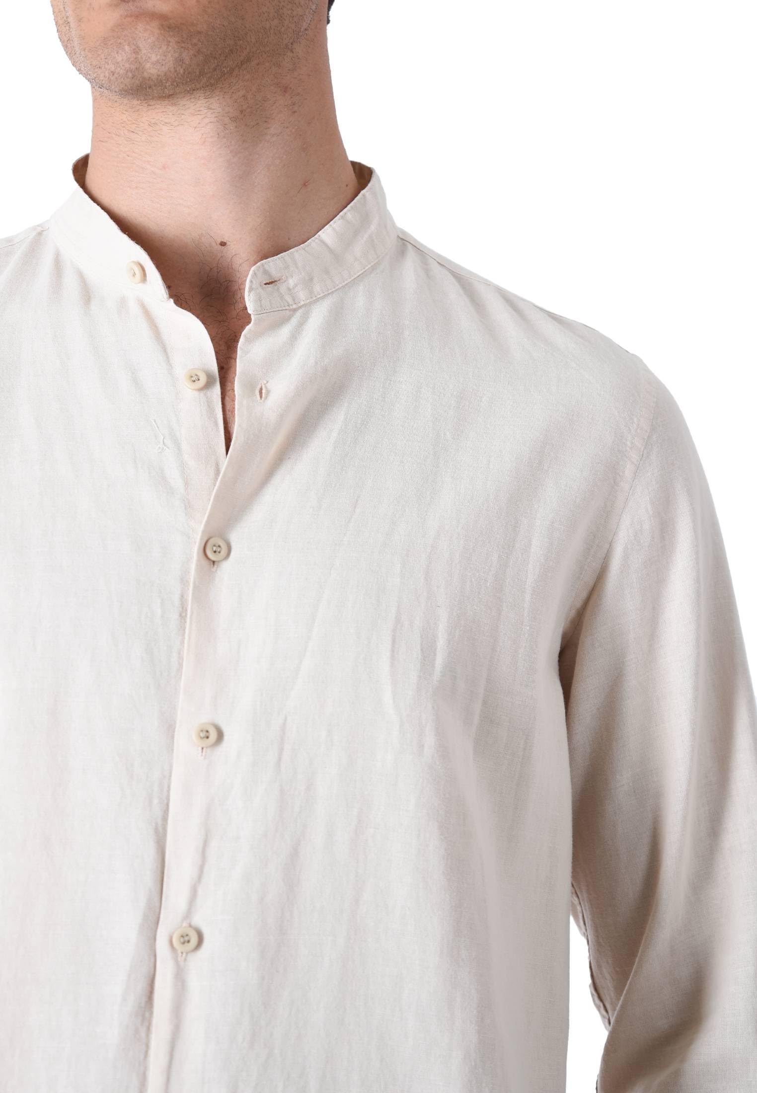 Camisa de hombre 100% lino cuello coreano blanco azul beige celeste negro rosa verde manga larga verano Slim Fit Serafino Sartorial Mangas revolables beige M