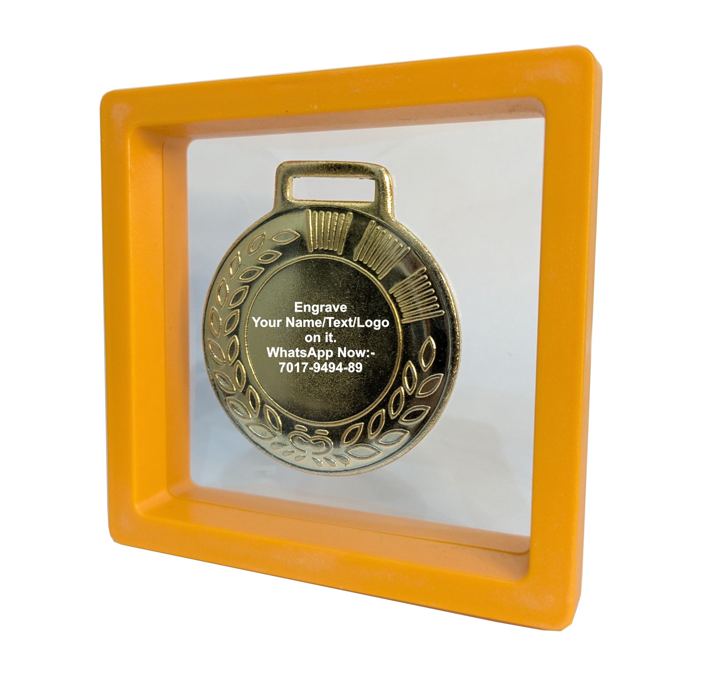 Customizable Engraved Medal with Floating Frame/Display Case, Gold Finish, 9 cm x 9 cm, Personalized Award Trophy-picture-32