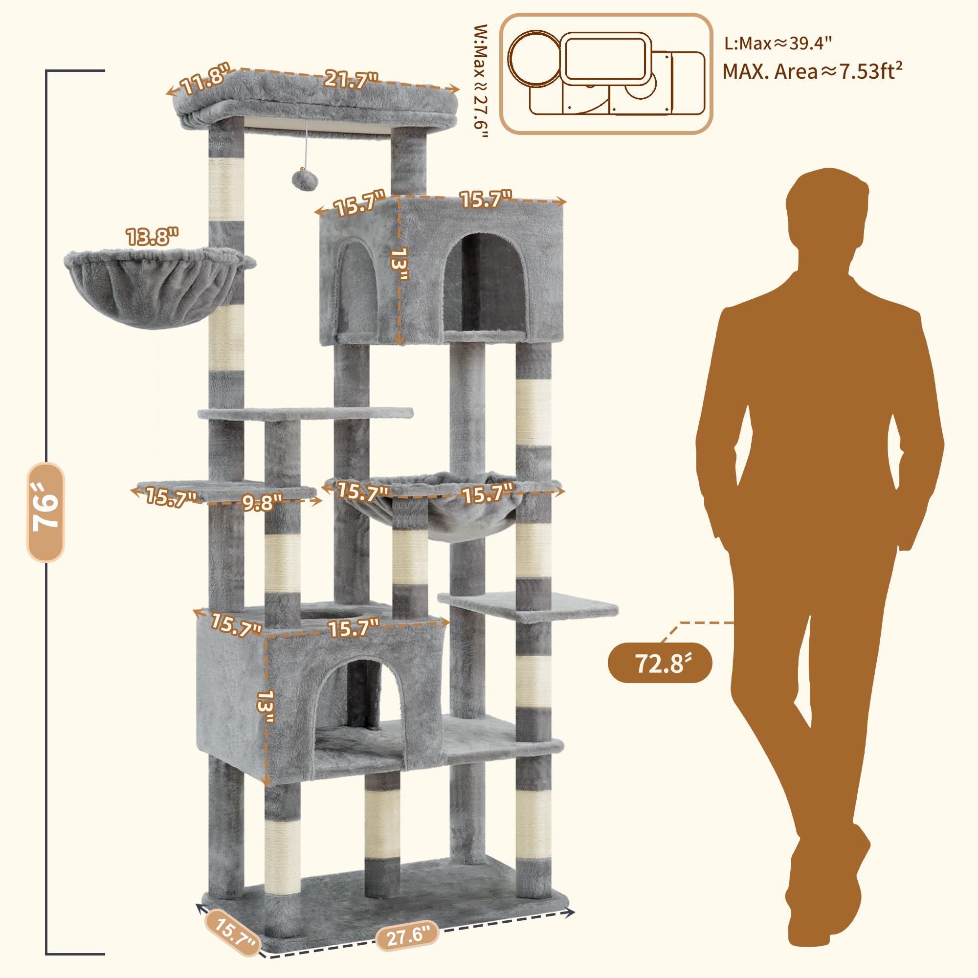 Heybly Rascador Para Gatos Grandes, 193 cm Torre para Gatos con Base Grande de 5 Postes para Máxima Estabilidad, Incluye 2 Cuevas, 1 Hamaca, 1 Cesta y 10 Postes Rascadores de Sisal, Gris Claro HCT039W